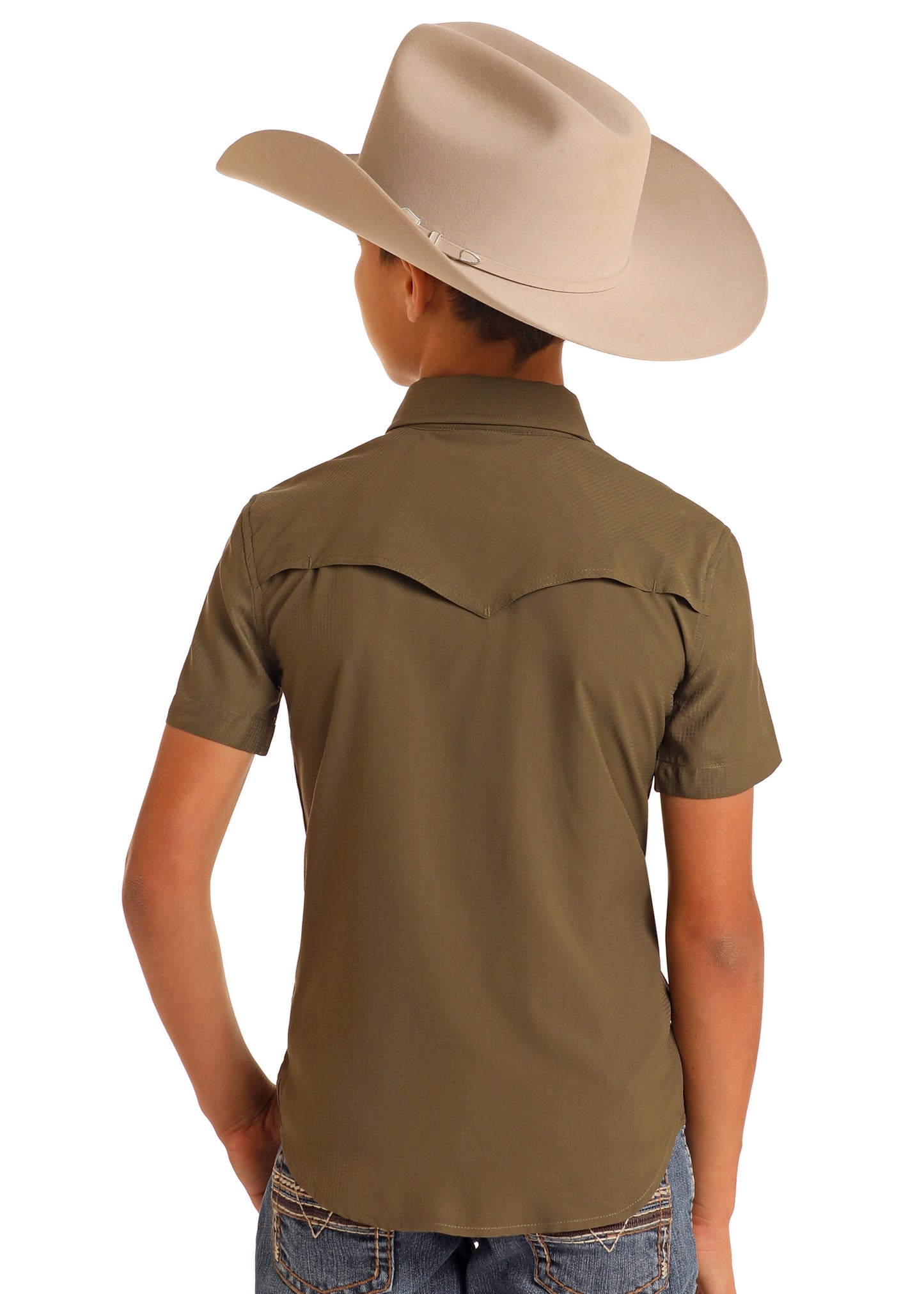 Child wearing a brown shirt and beige cowboy hat on a white background