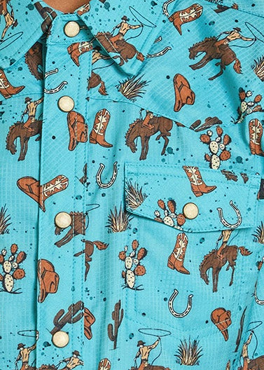 Close up of a western cowboy print pearl snap boys shirt.