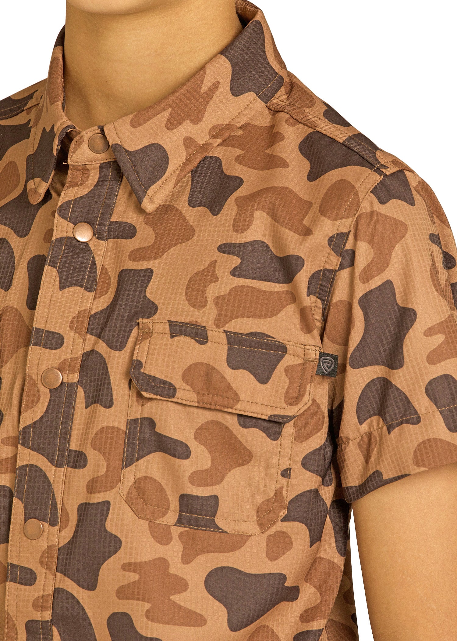 Camouflage-patterned shirt worn by a person on a white background