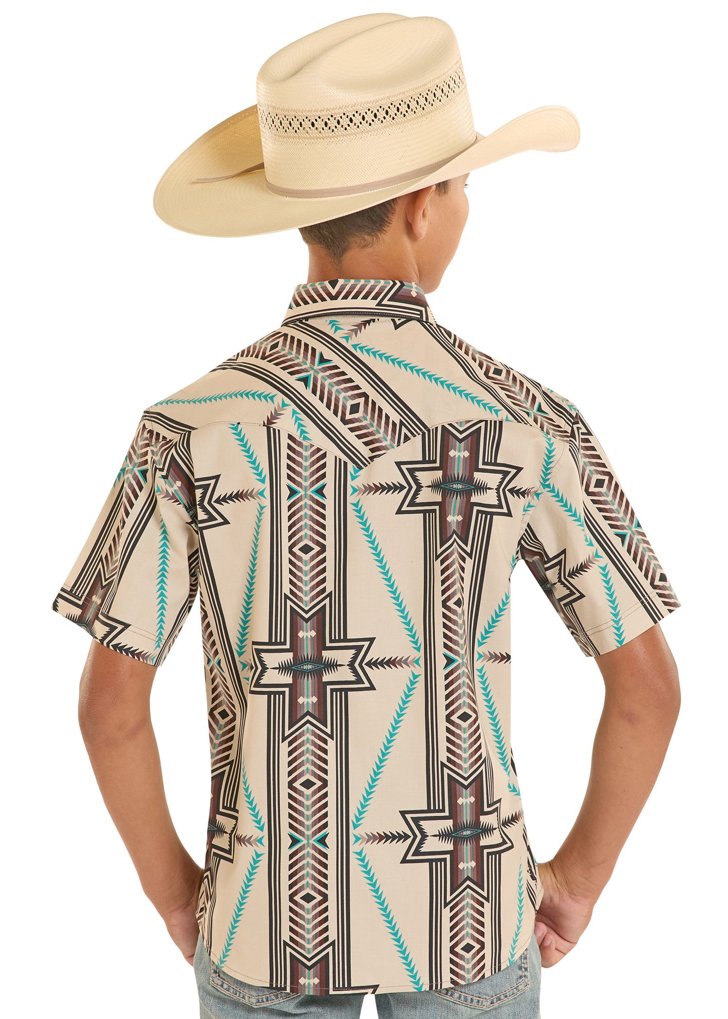 Person wearing a patterned shirt and cowboy hat on a white background