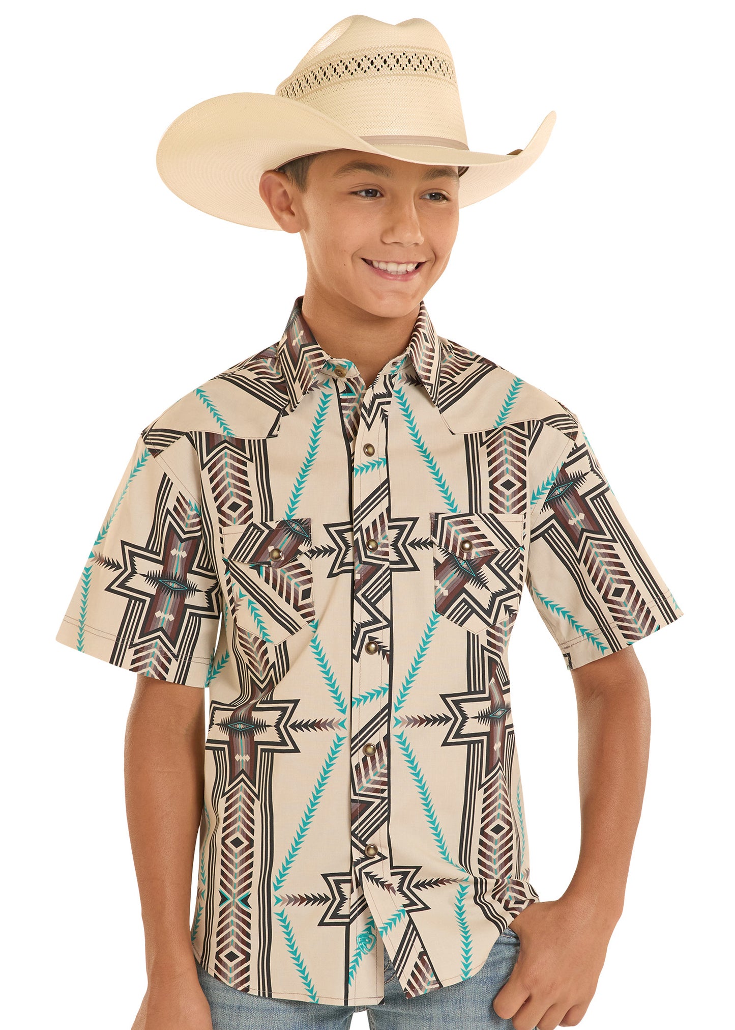 Child wearing a patterned shirt and cowboy hat on a white background