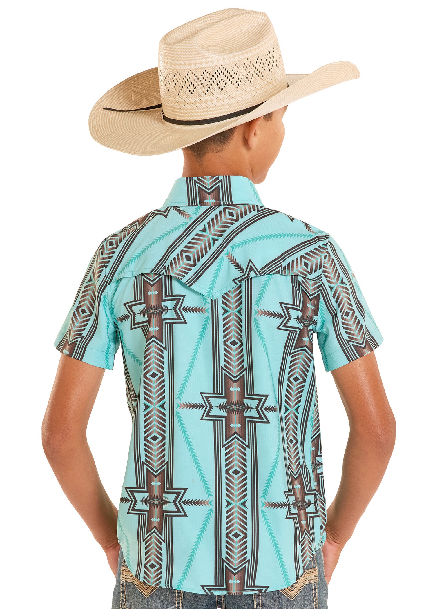 Child wearing a turquoise patterned shirt and cowboy hat on a white background