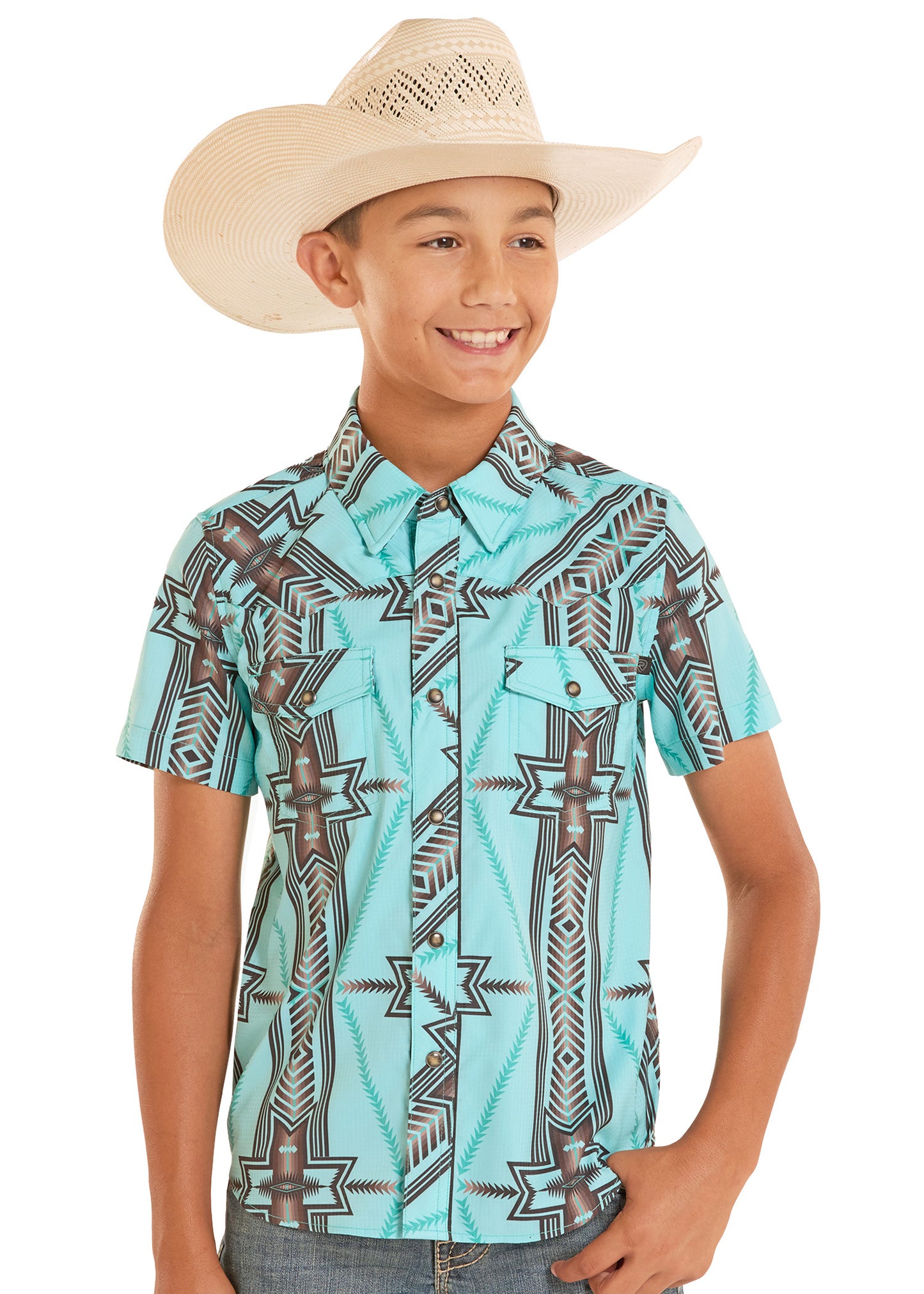 Child wearing a turquoise patterned shirt and beige cowboy hat on a white background