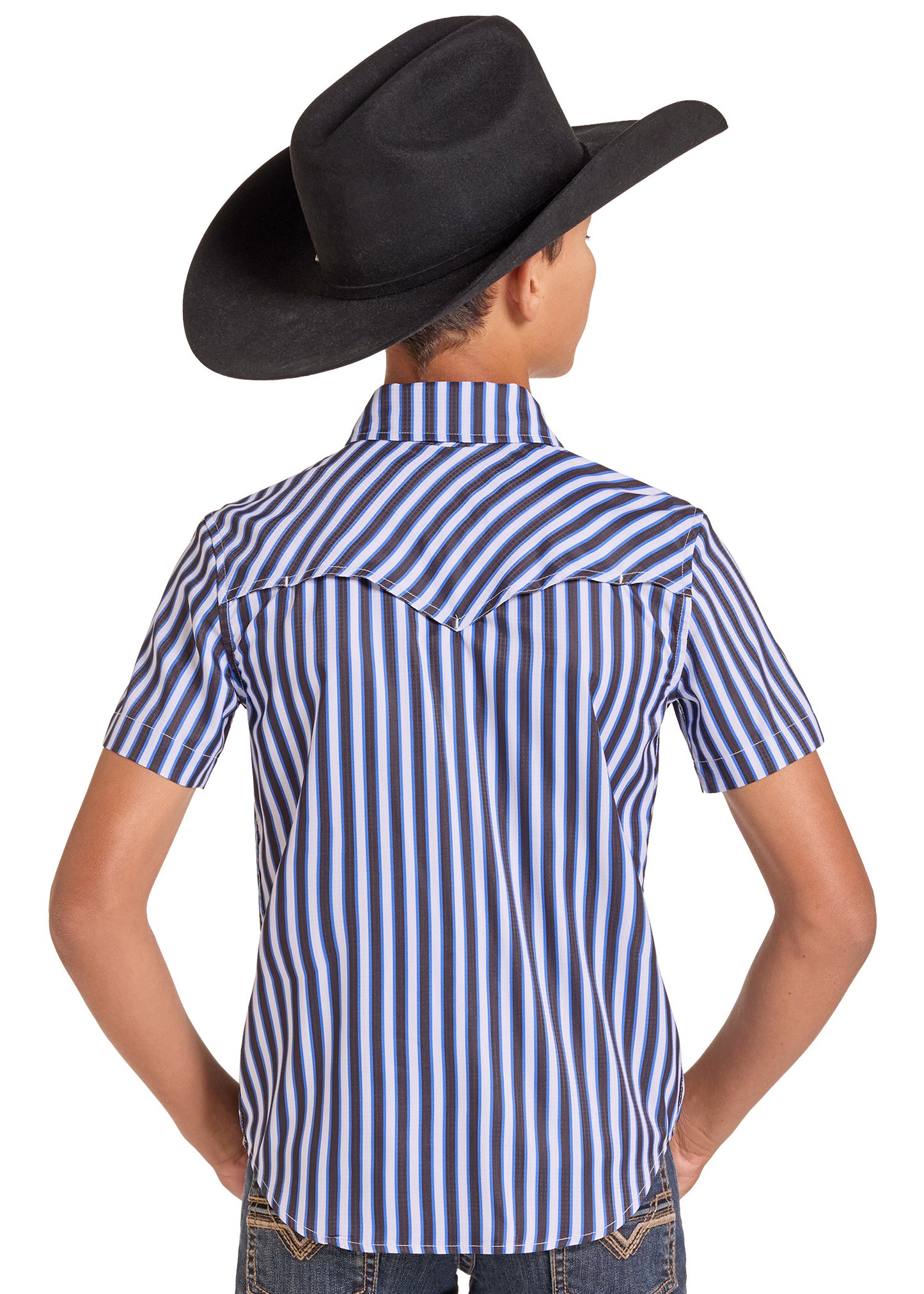 A model from the back wearing a short-sleeve western shirt with vertical navy, blue, and white stripes, paired with a black cowboy hat and jeans, against a plain white background.