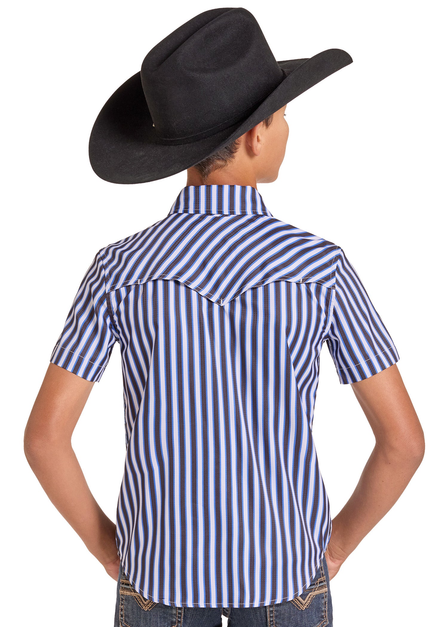 A model from the back wearing a short-sleeve western shirt with vertical navy, blue, and white stripes, paired with a black cowboy hat and jeans, against a plain white background.