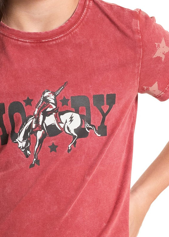 Girls red t-shirt with a howdy horse graphic on a white background