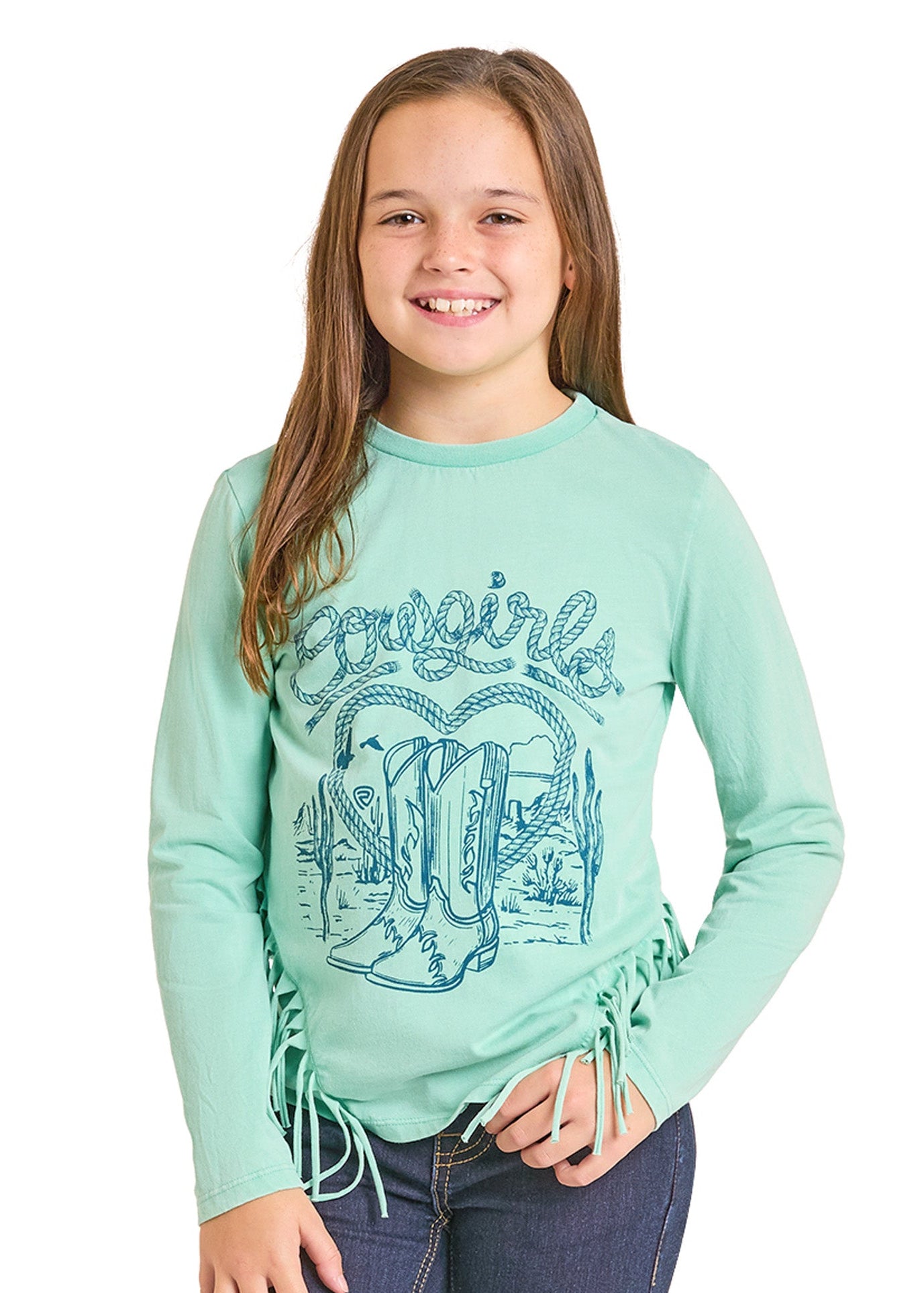 Girl wearing a light green long-sleeve shirt with a graphic design on a white background