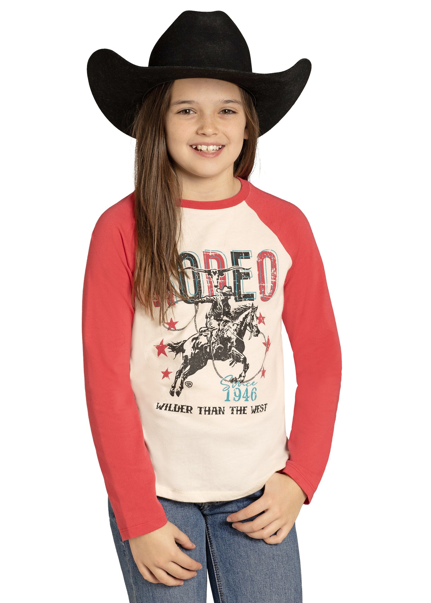 Child wearing a red and white long-sleeve shirt with a cowboy graphic and text, paired with a black cowboy hat on a white background.
