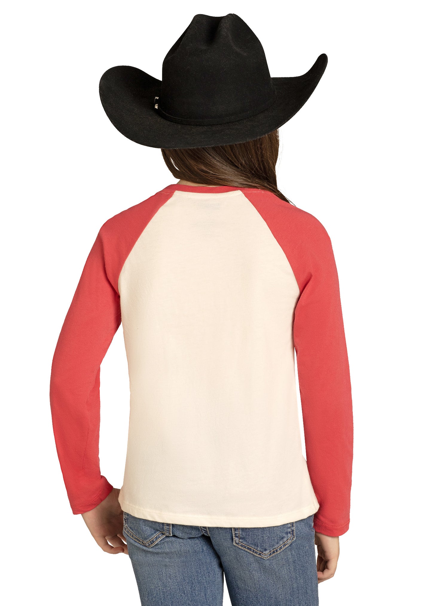 Person wearing a red and white baseball shirt with blue jeans and a black cowboy hat on a white background