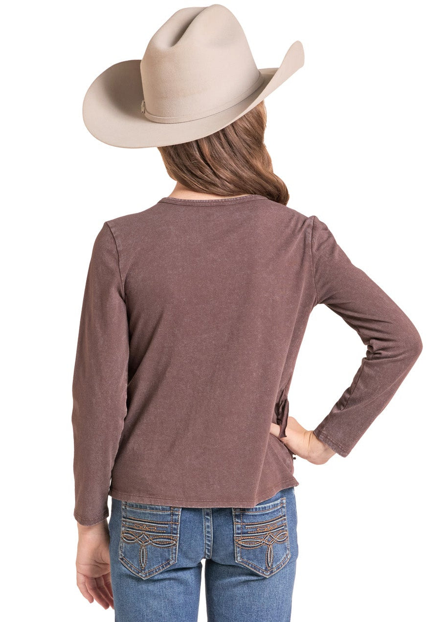 A child model shown from the back wearing a brown long-sleeve top, blue jeans, and a beige cowboy hat against a plain white background.