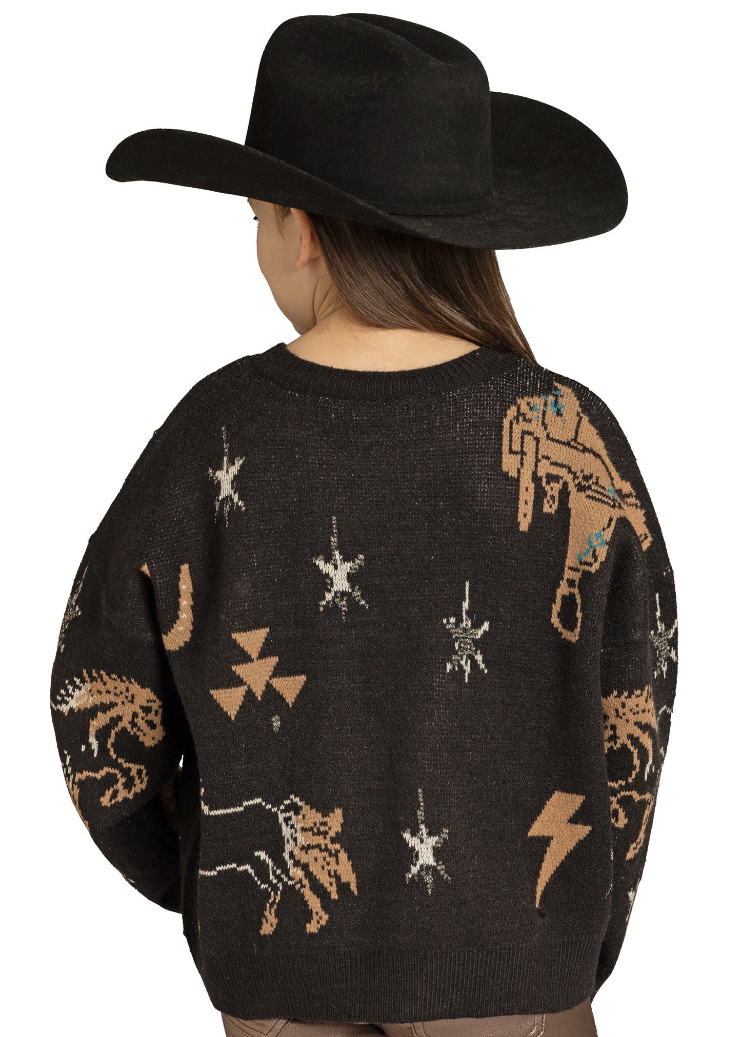 Person wearing a black sweater with abstract patterns and a cowboy hat on a white background