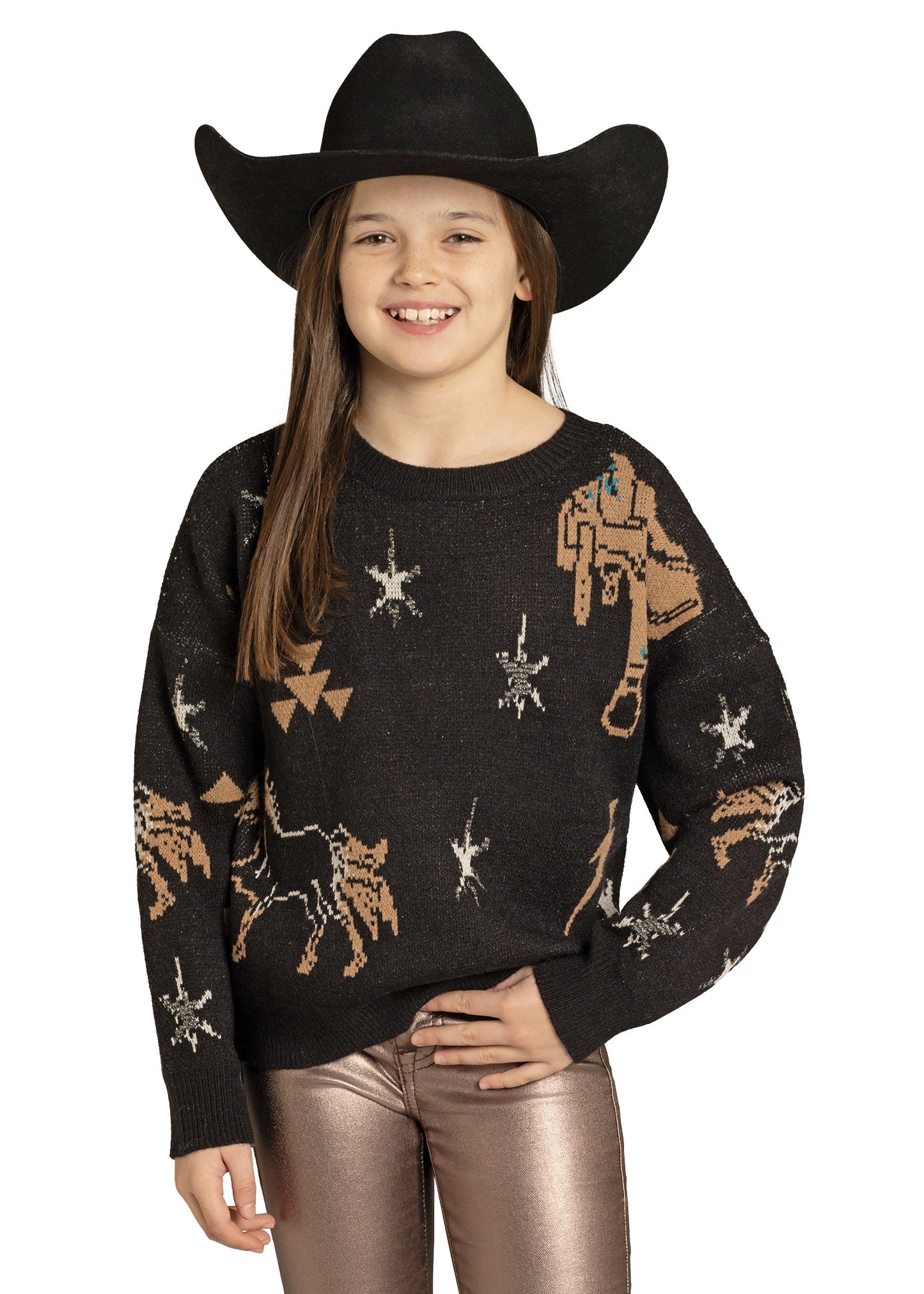Child wearing a black sweater with cowboy pattern and a black cowboy hat on a white background