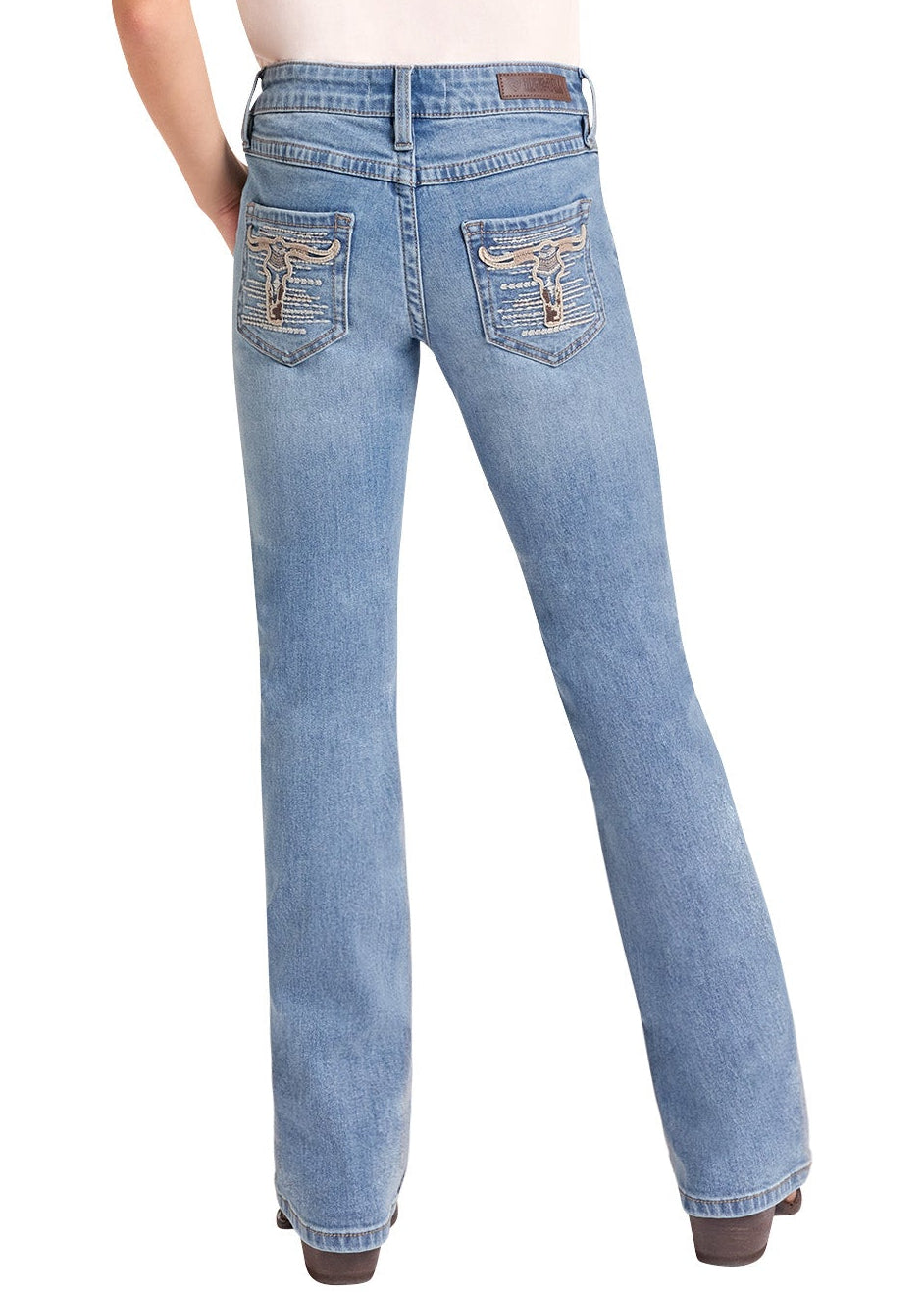 A girl shown from the back wearing a beige wide-brim cowboy hat, a raglan-style t-shirt with a cream body and dark burgundy sleeves, and light-wash blue jeans with western-style embroidery on the back pockets.