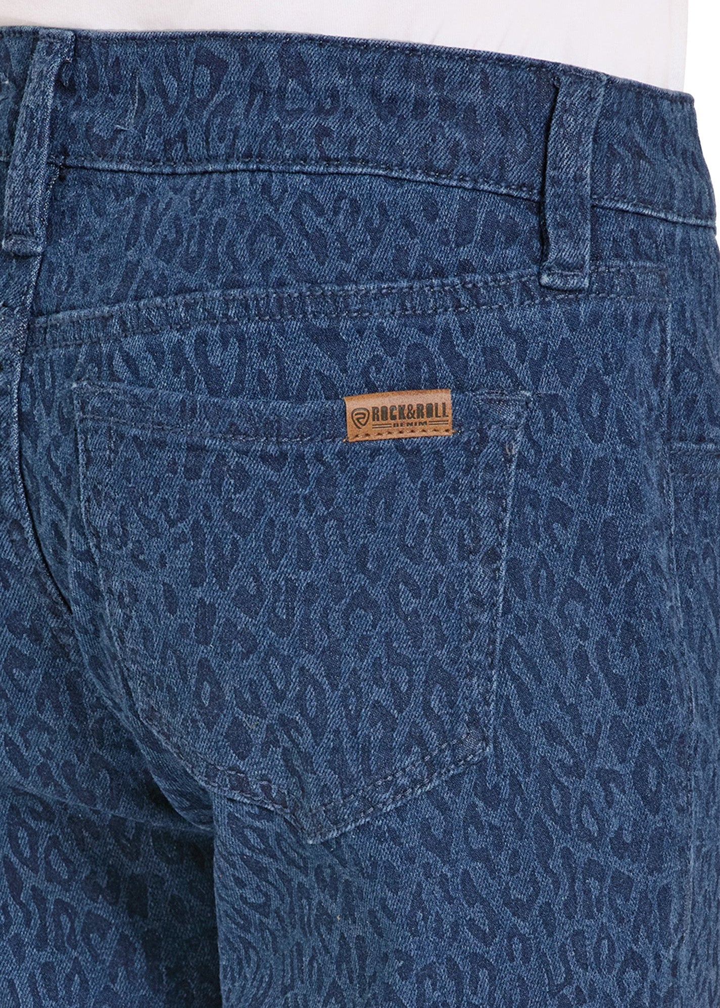 Blue patterned pants with a brand label on a white background