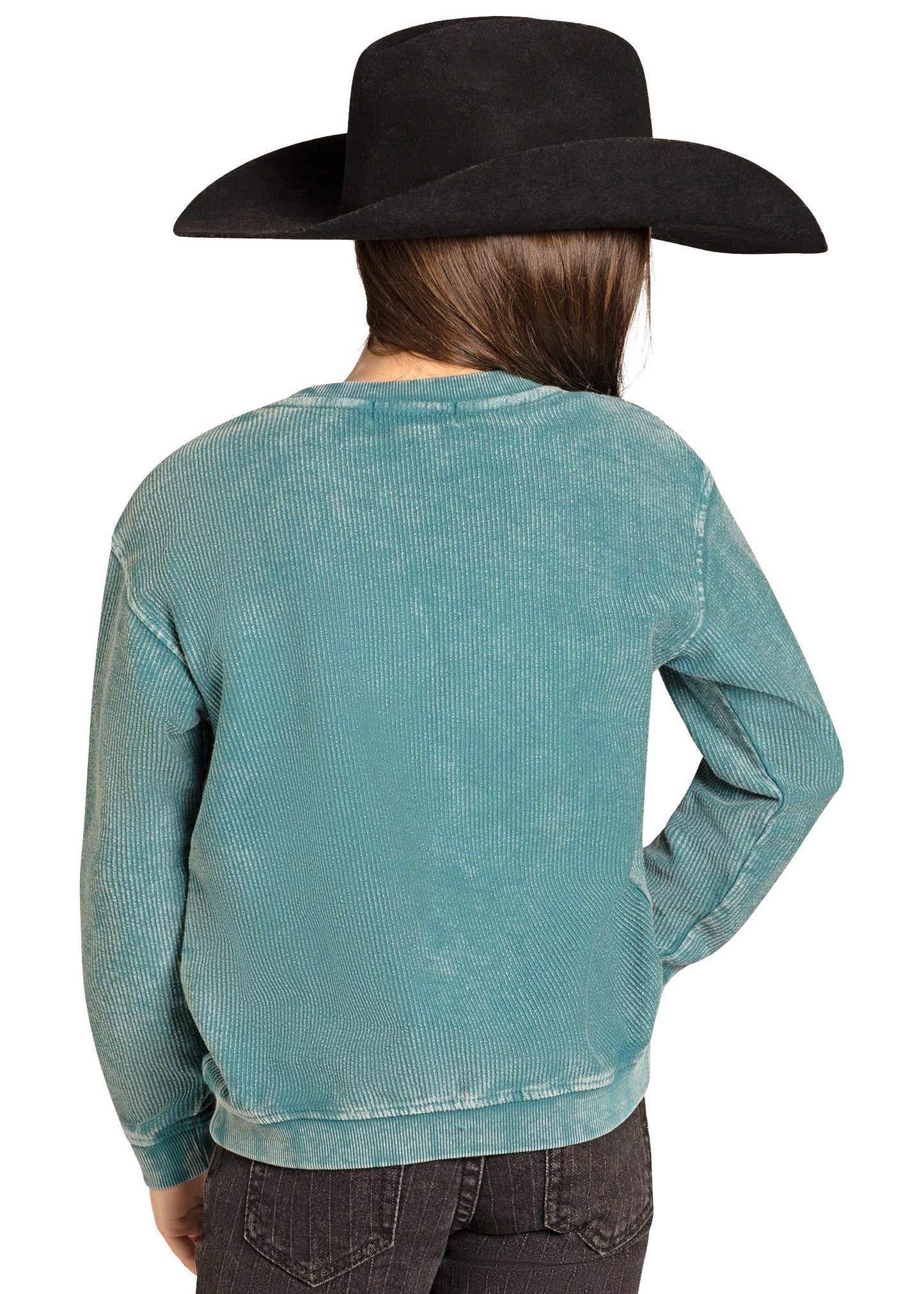 Person wearing a teal jacket and black cowboy hat on a white background
