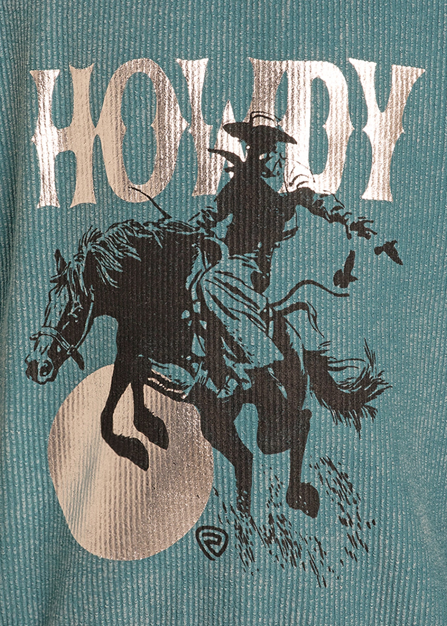 Silhouette of a cowboy on horseback with 'Howdy' text on a textured green background