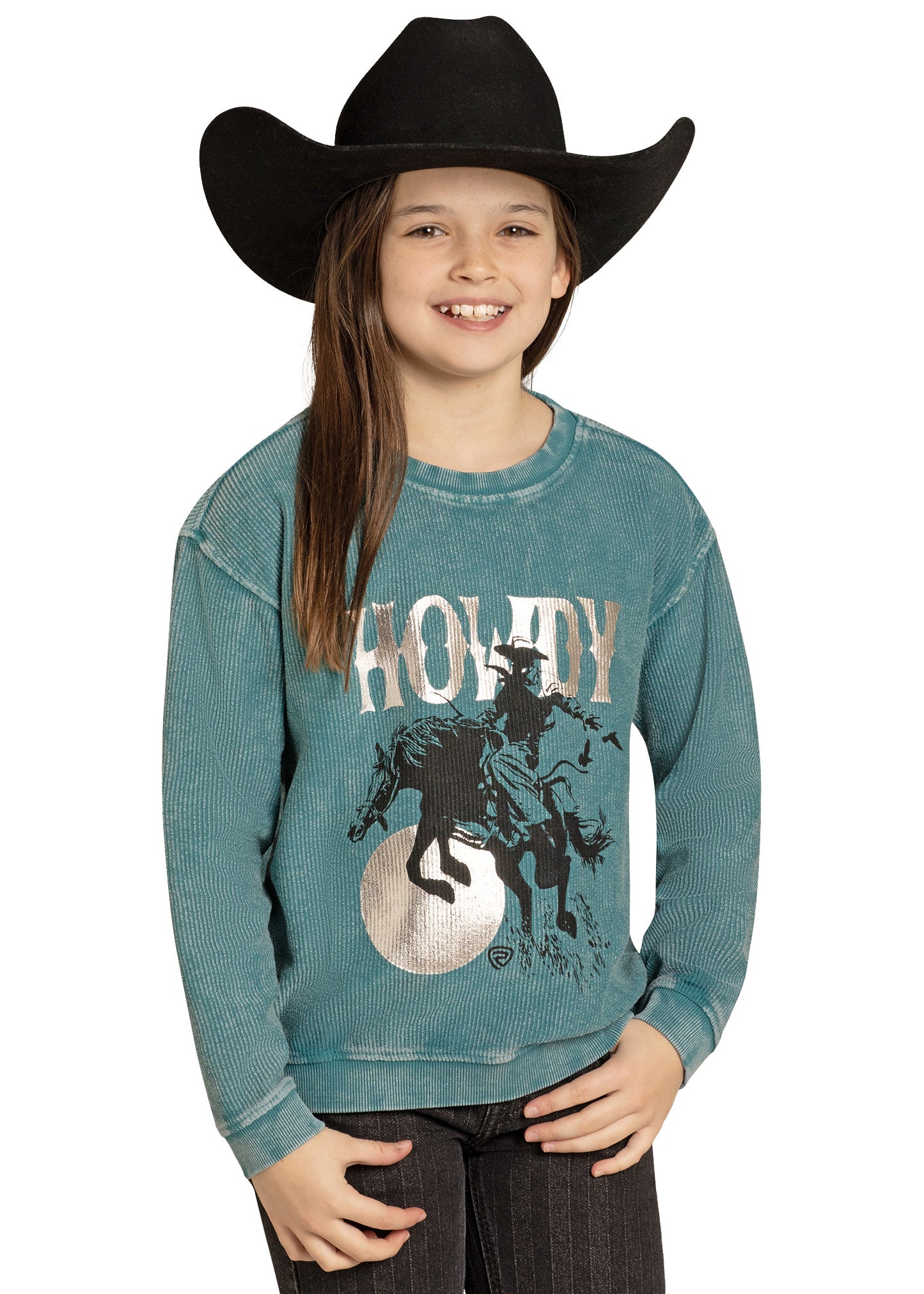 Child wearing a teal sweatshirt with a cowboy graphic and 'Howdy' text, black cowboy hat, and dark pants on a white background.