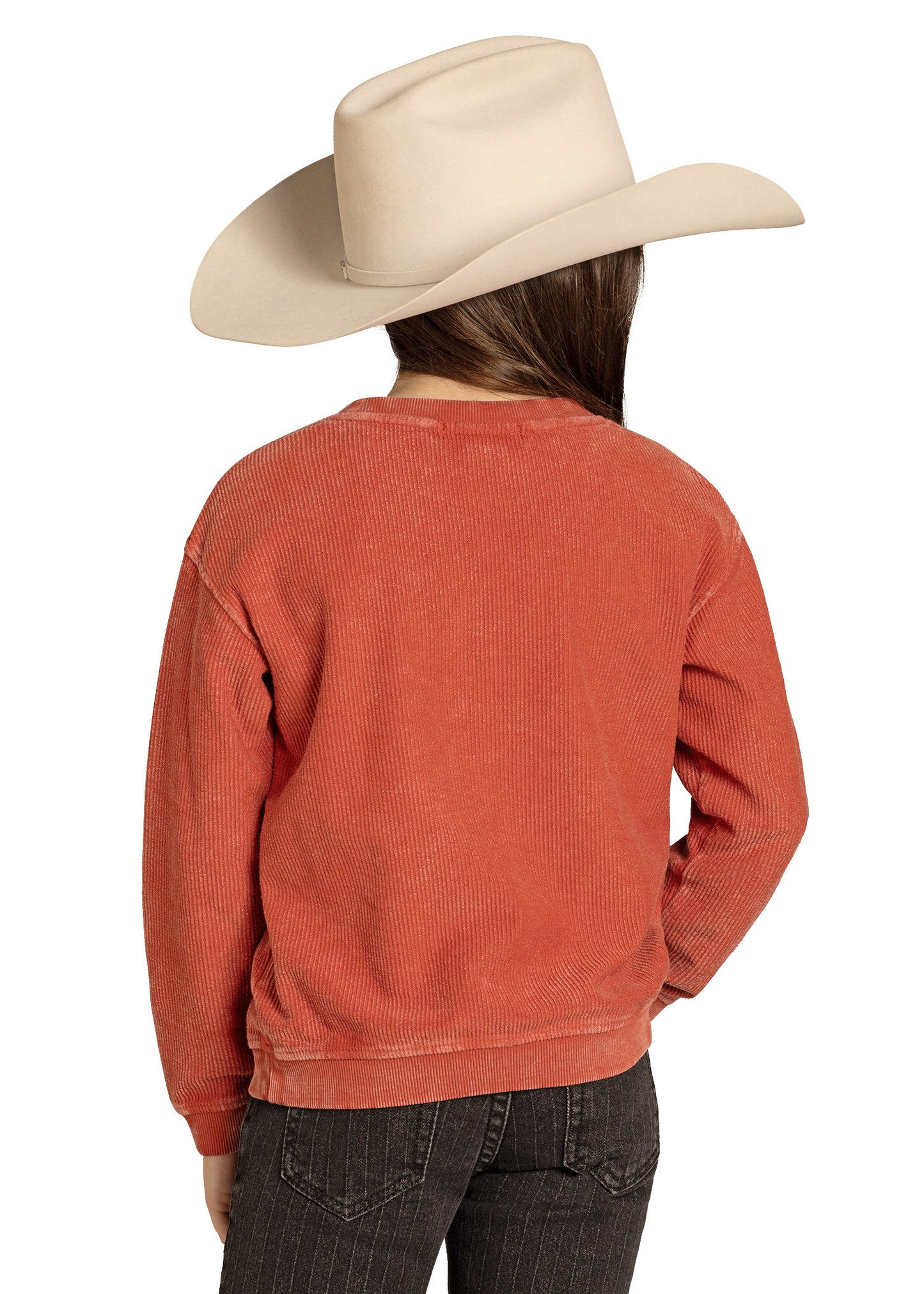 Person wearing a red corduroy shirt and beige cowboy hat on a white background