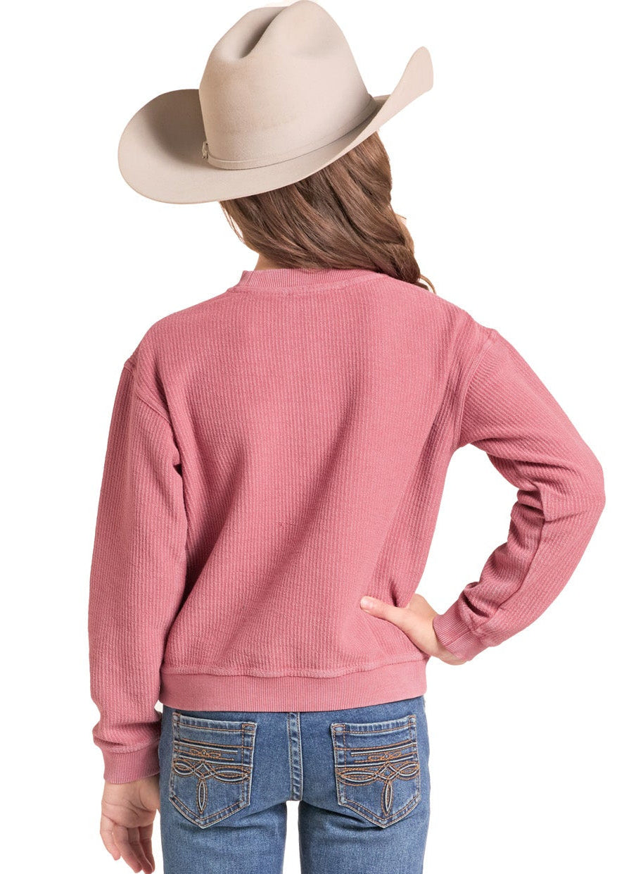 A child model shown from the back wearing a dusty rose long-sleeve sweatshirt, blue jeans, and a beige cowboy hat against a plain white background.
