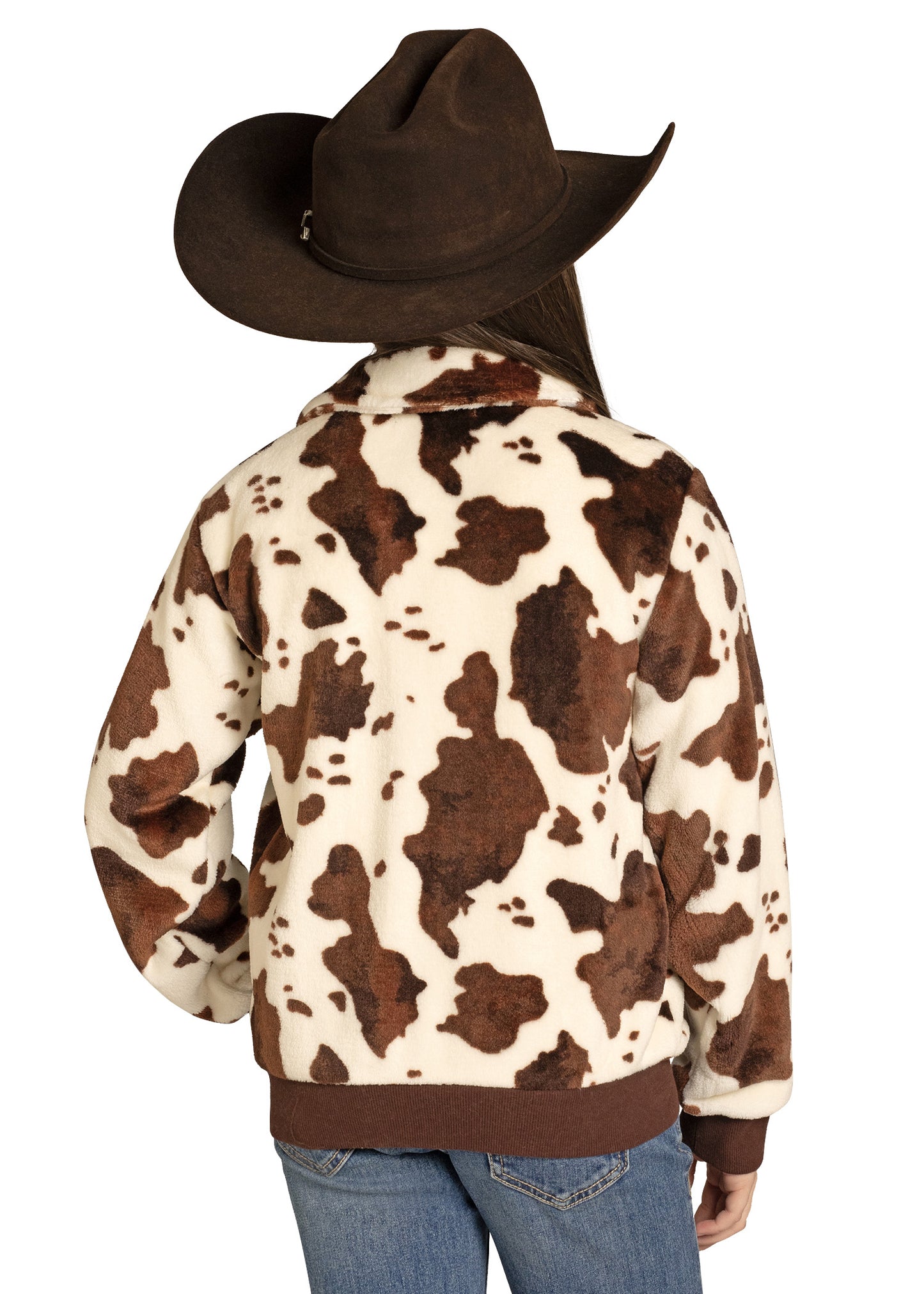 Person wearing a cow print jacket and brown cowboy hat on a white background