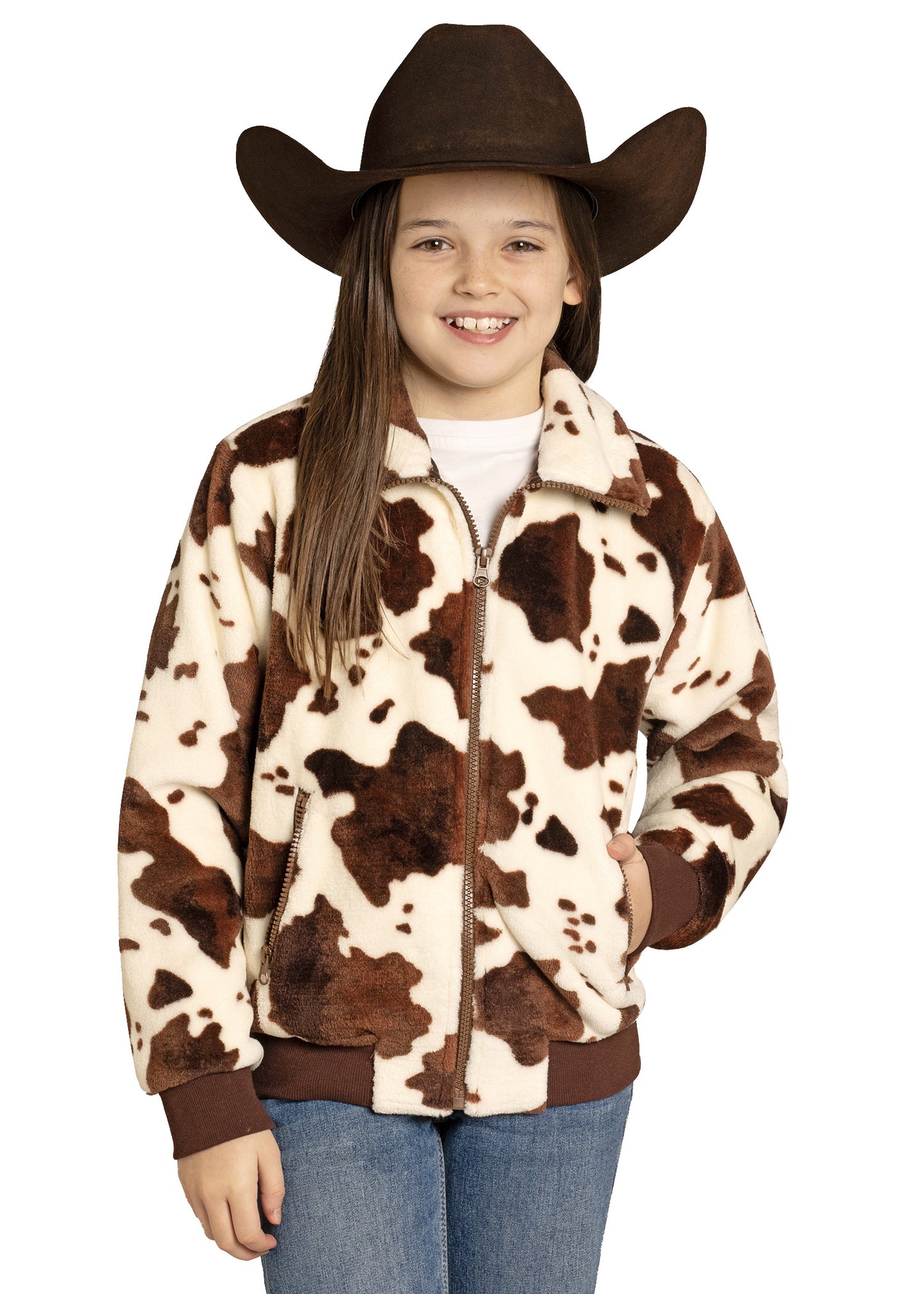 Child wearing a cow print jacket and brown cowboy hat on a white background