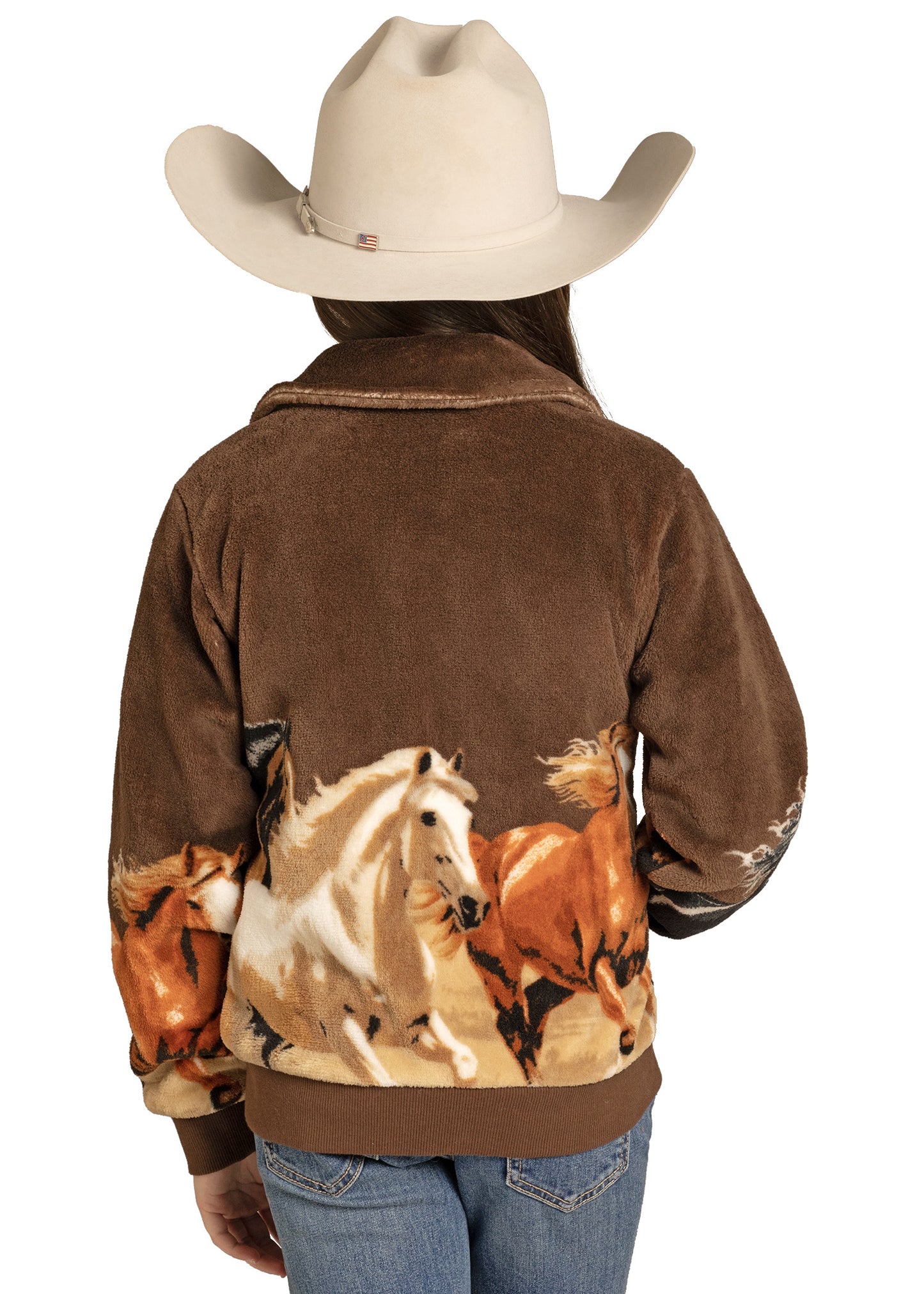 Person wearing a brown jacket with horse designs and a cowboy hat on a white background