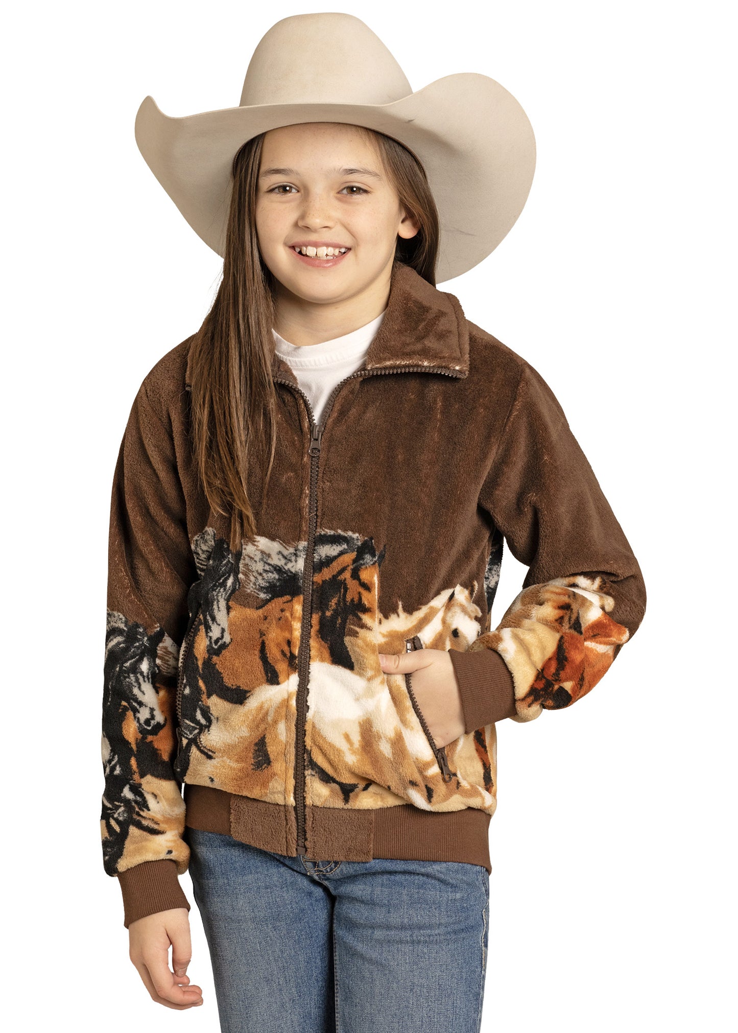 Child wearing a brown jacket with camouflage pattern and a beige cowboy hat on a white background