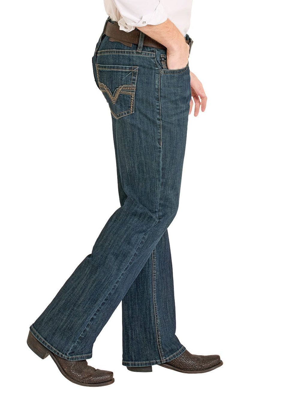 Man wearing a cowboy hat, white shirt, and blue jeans on a white background