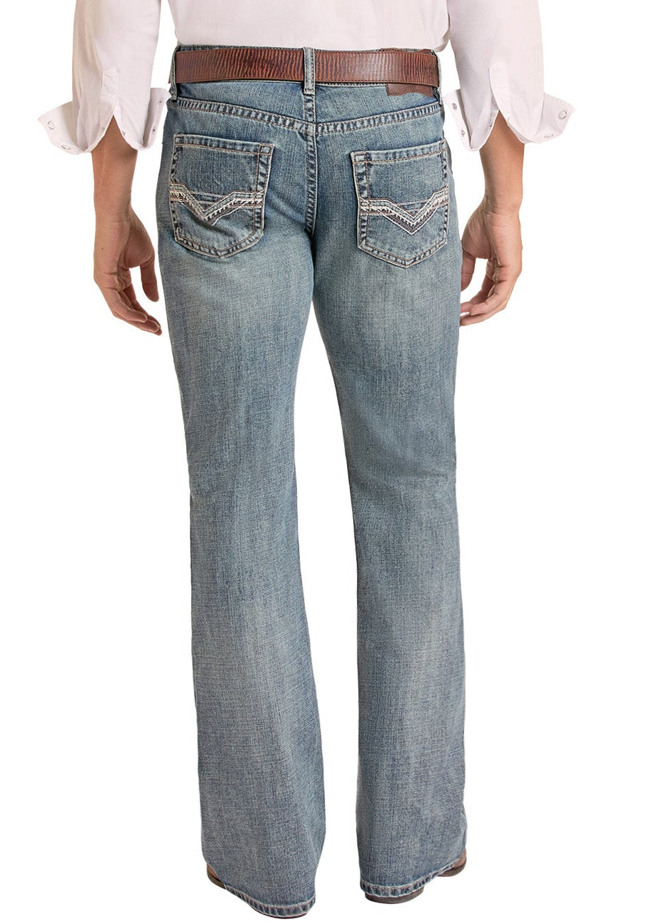A man shown from the back wearing  blue jeans, a brown belt against a plain white background.