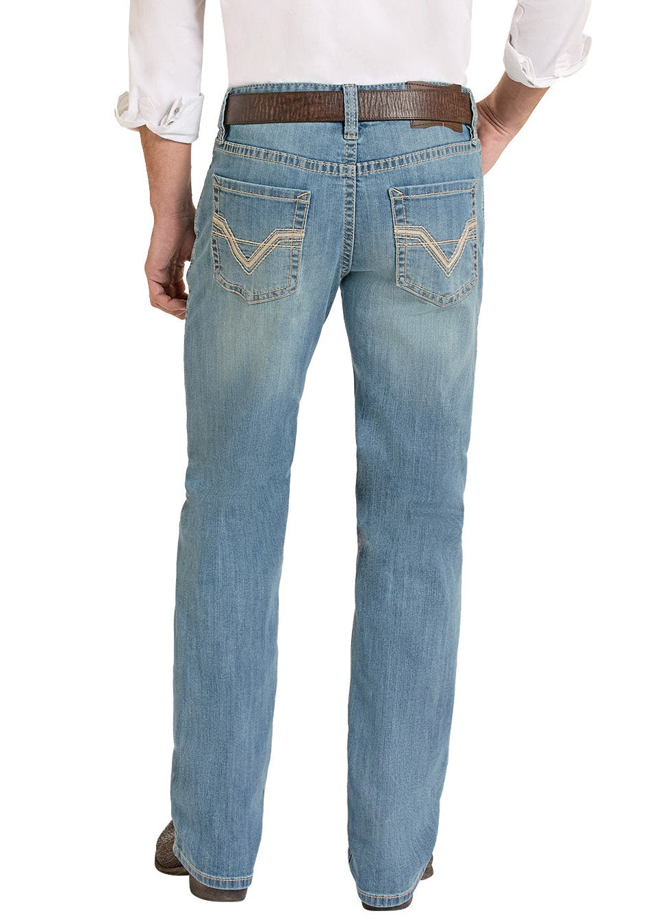 Man wearing a white shirt, blue jeans, and a straw hat on a white background