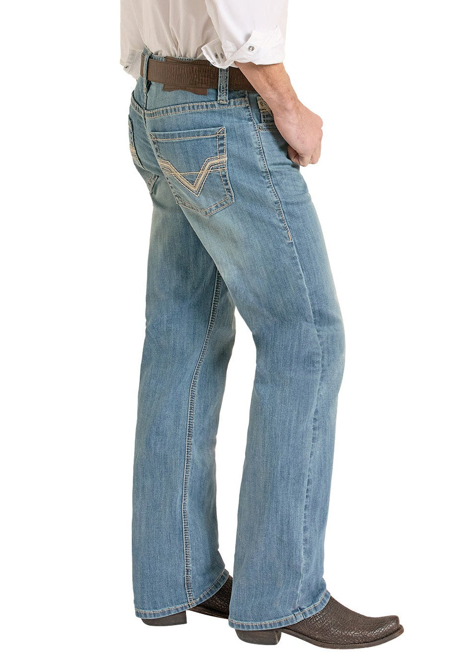 Man wearing a white shirt, blue jeans, and a beige cowboy hat on a white background