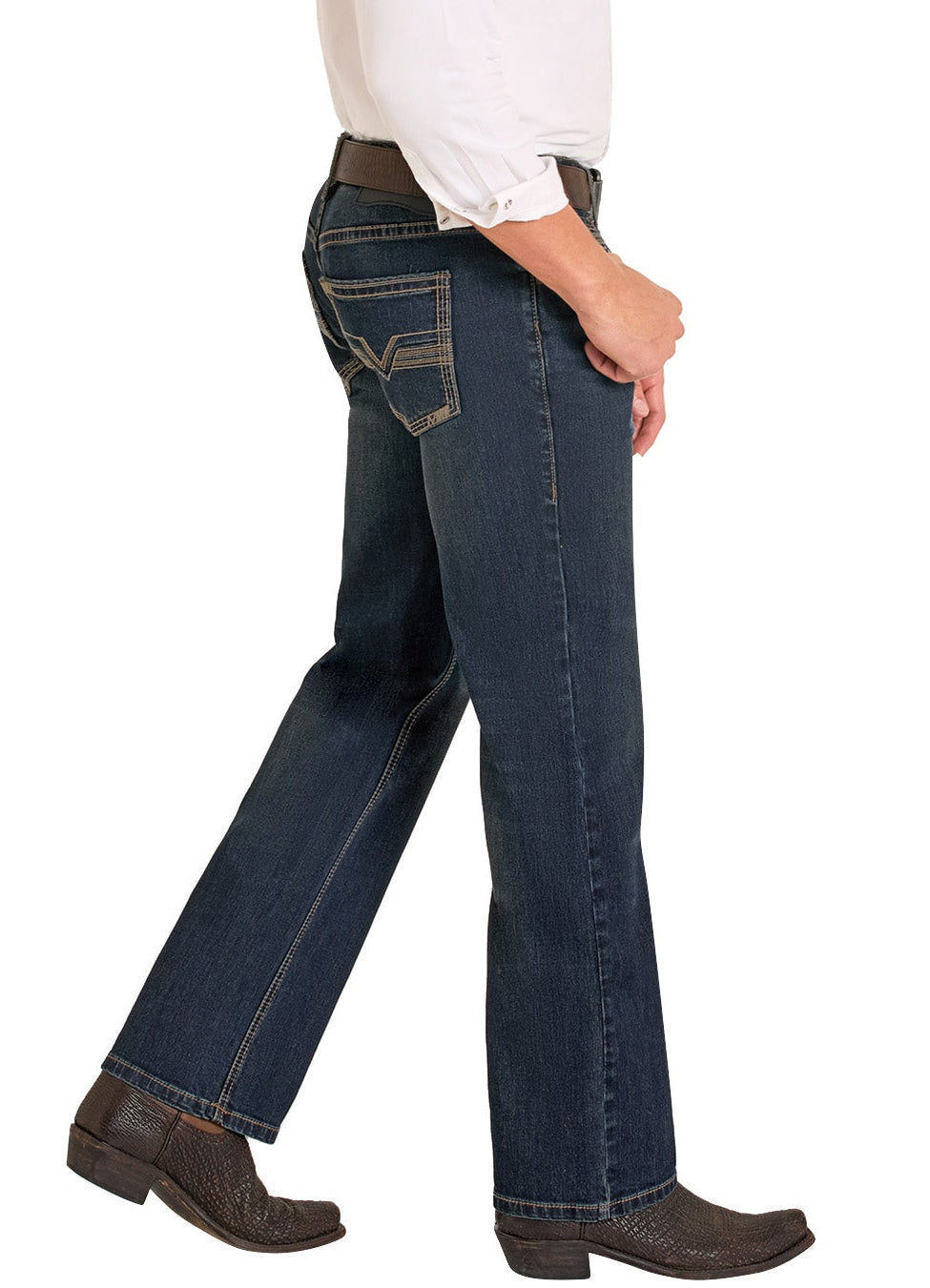 Man wearing a cowboy hat, white shirt, and blue jeans on a white background