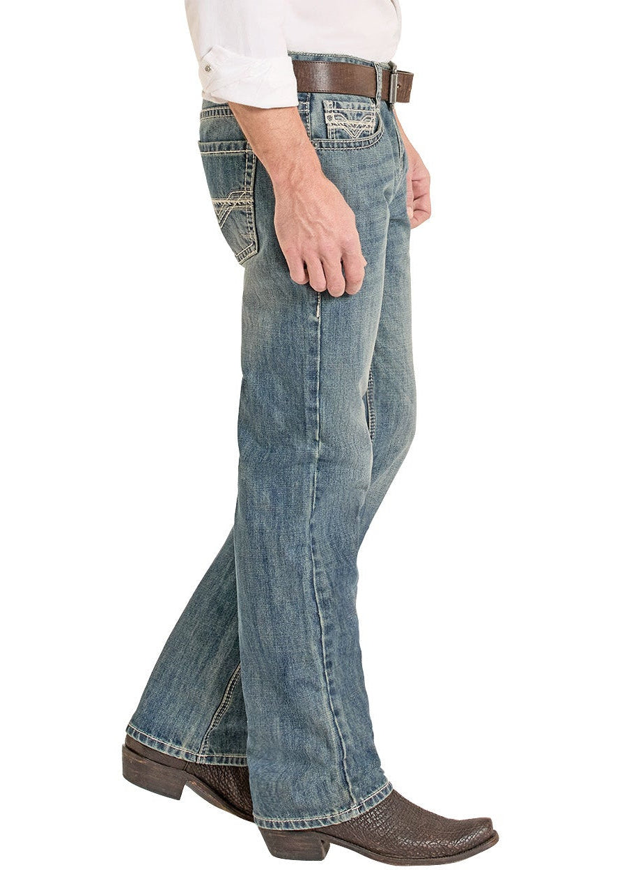 Man wearing a white shirt, blue jeans, and a beige cowboy hat on a white background