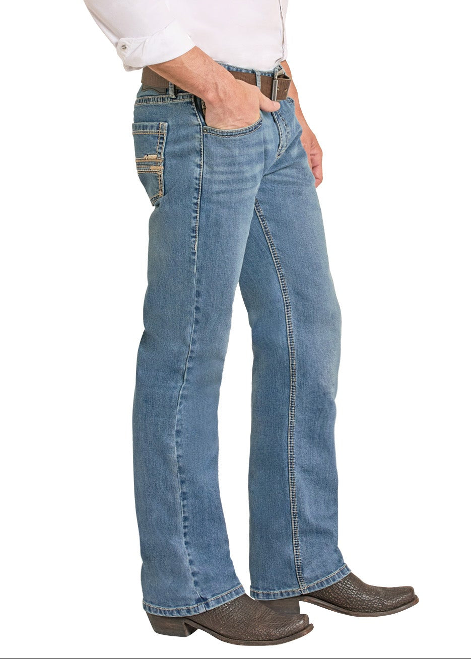 Man wearing a white shirt, blue jeans, and a cowboy hat on a white background