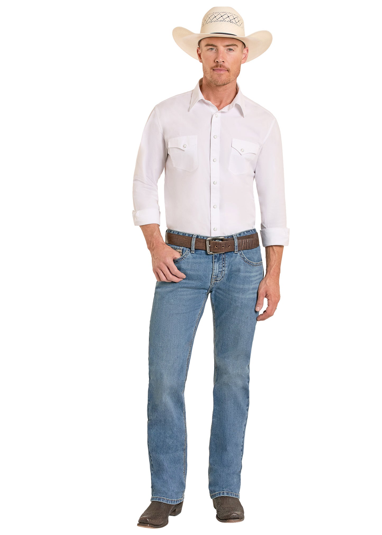 Man wearing a white shirt, blue jeans, and a cowboy hat on a white background