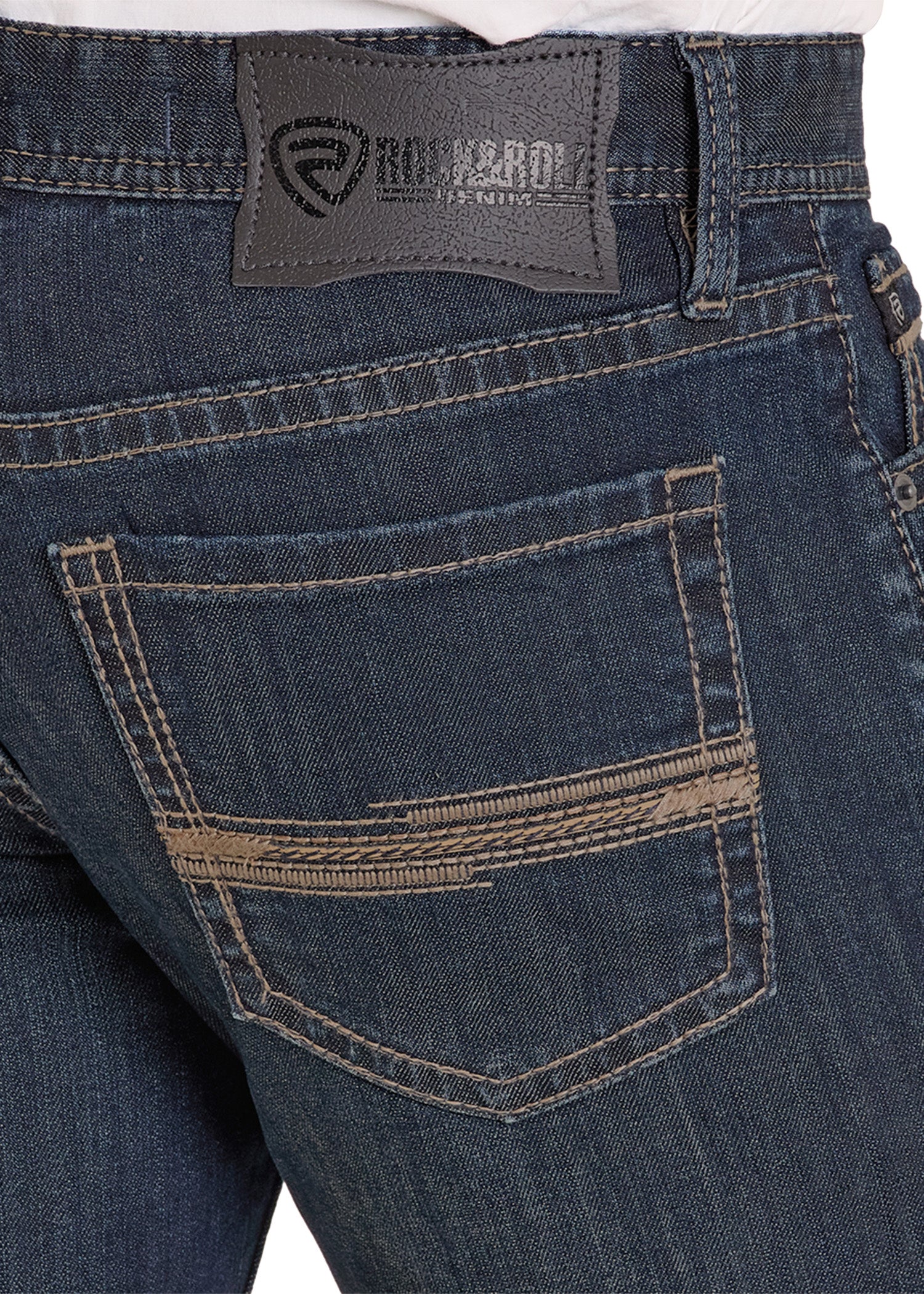 Close-up of blue jeans with a brand label on the pocket