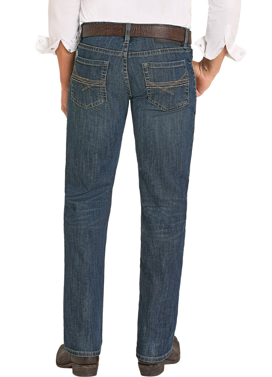 Blue jeans worn by a person on a white background