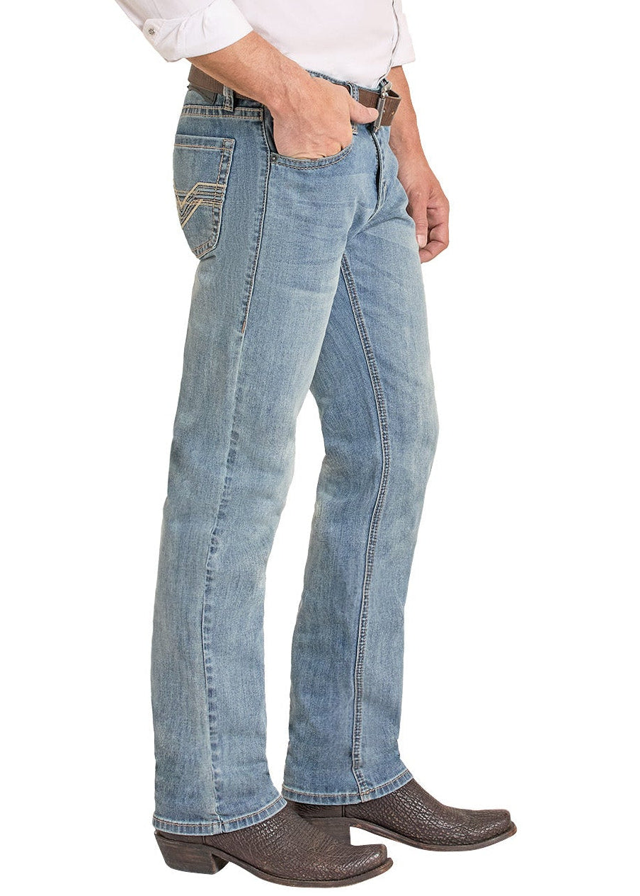 Man wearing a white shirt, blue jeans, and a cowboy hat on a white background