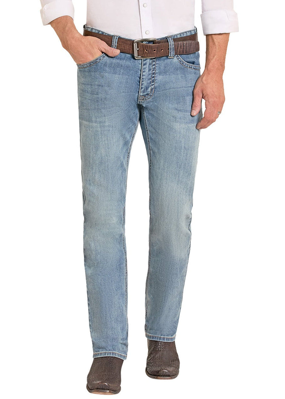 Man wearing a white shirt, light blue jeans, and a cowboy hat on a white background