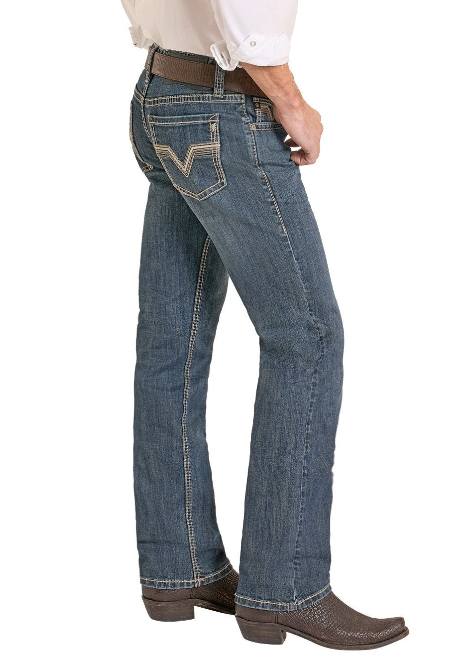Man wearing a white shirt, blue jeans, and a beige cowboy hat on a white background