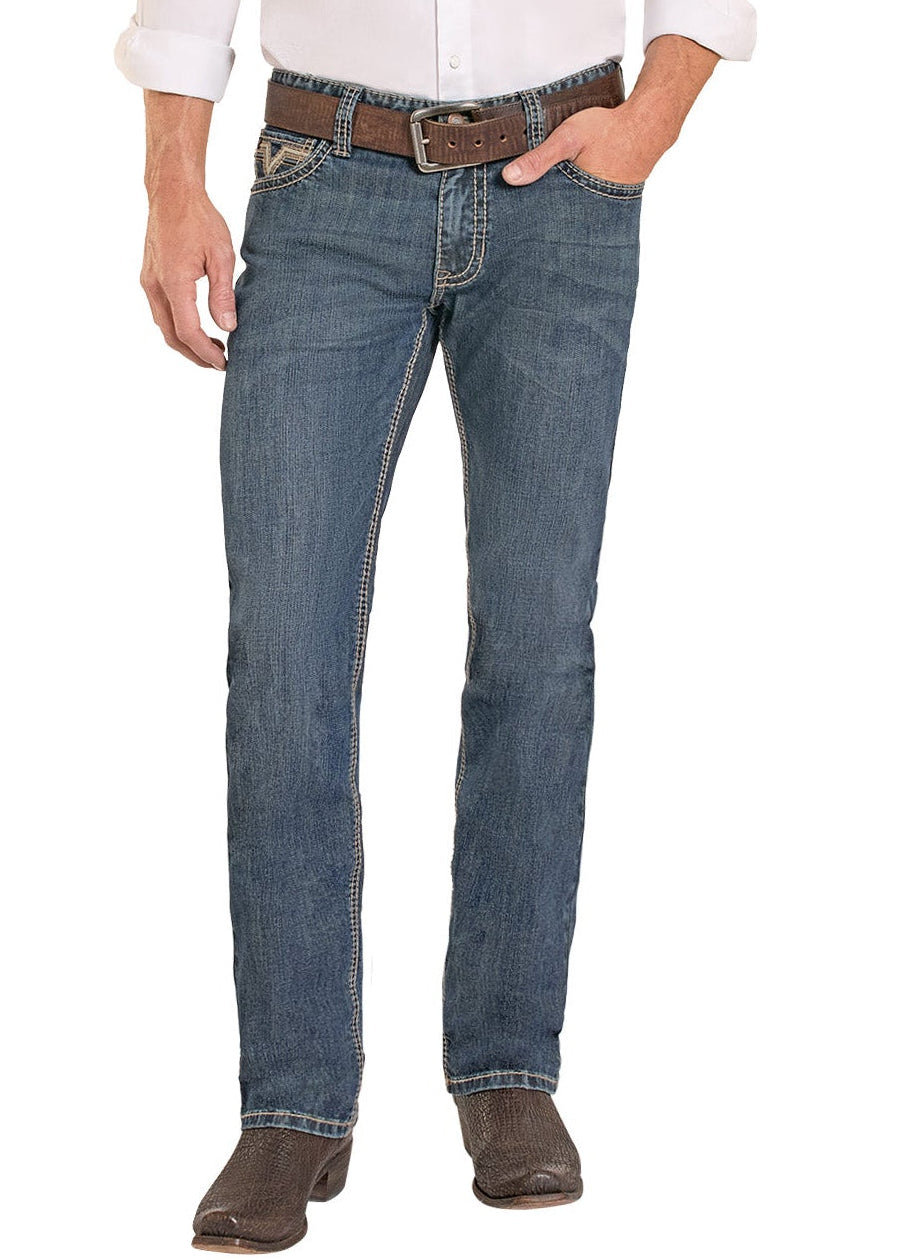 Man wearing a white shirt, blue jeans, and a cowboy hat on a white background