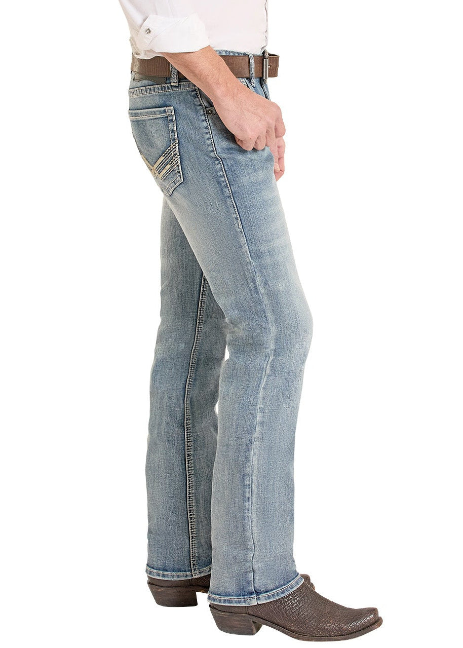 Man wearing a white shirt, light blue jeans, and a cowboy hat on a white background