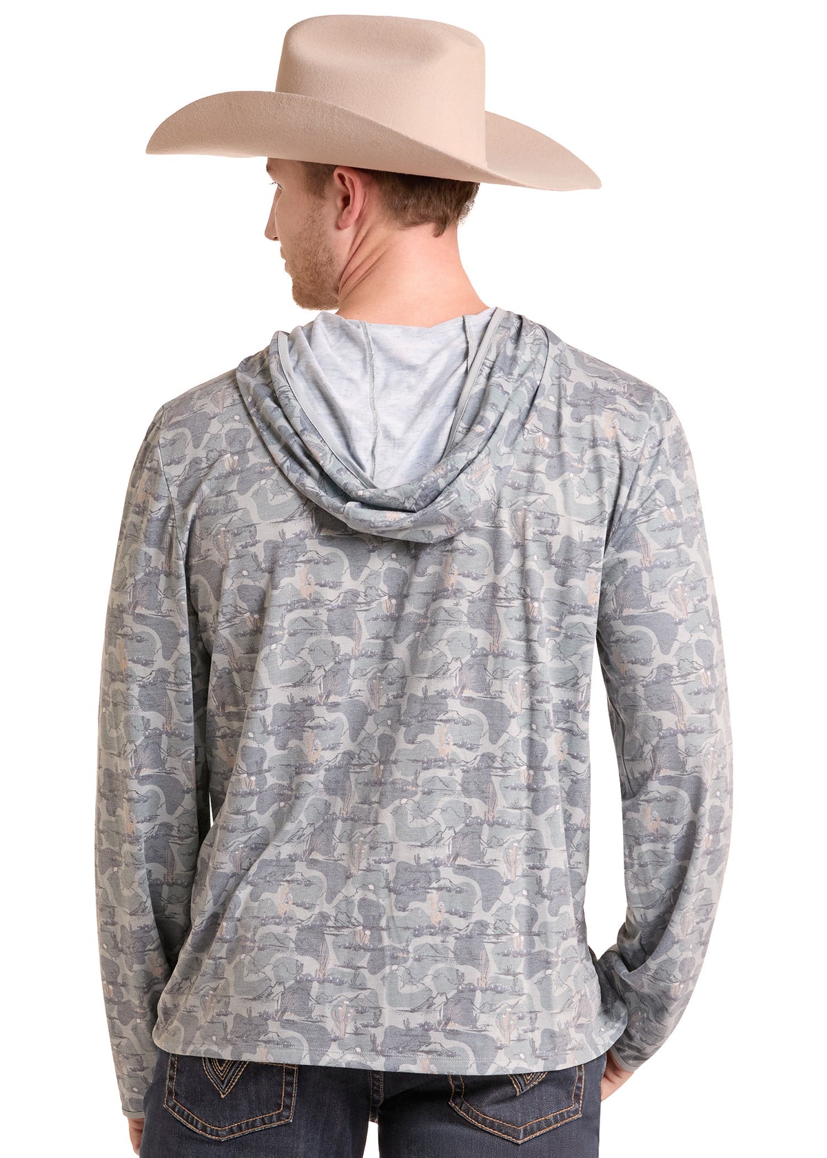 A man wearing a light gray long-sleeve hooded shirt with an abstract pattern, paired with a beige cowboy hat and dark jeans, shown from the back against a white background.
