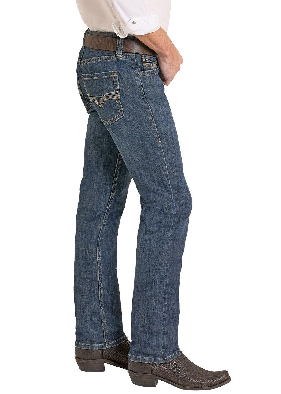 Man wearing a white shirt, blue jeans, and a beige cowboy hat on a white background