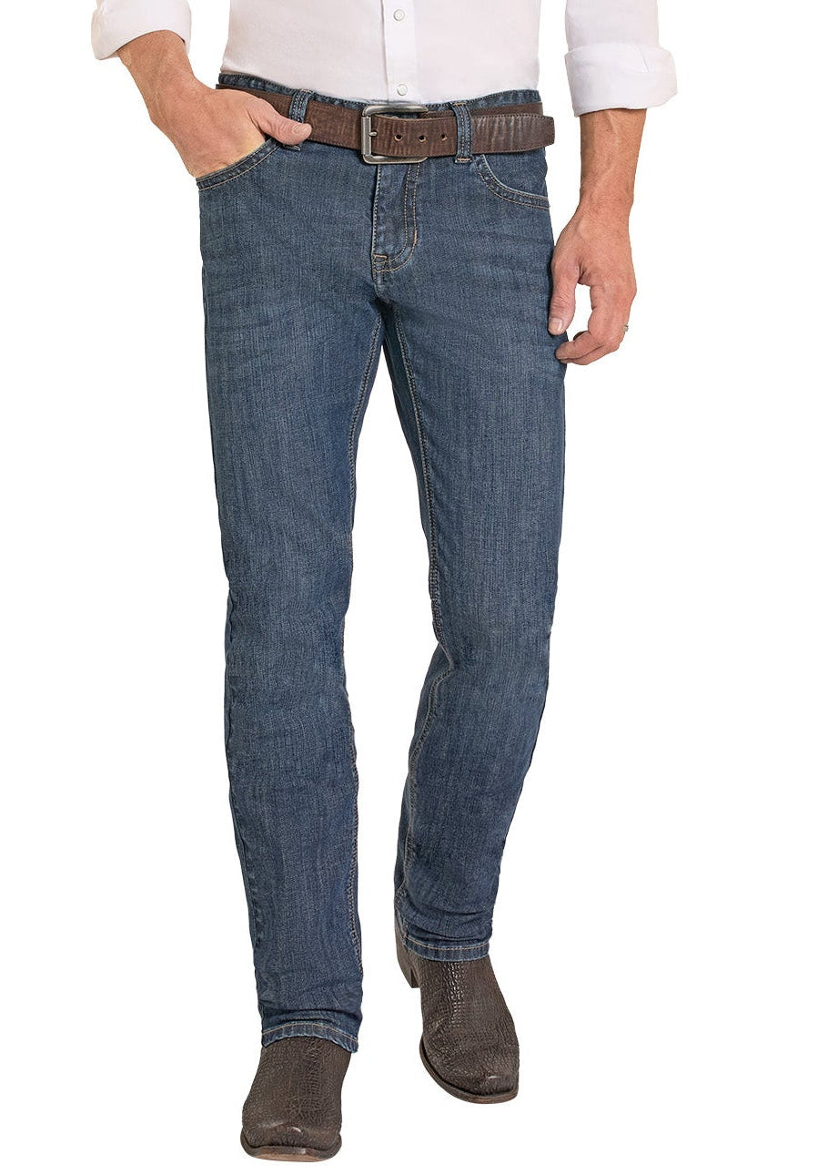 Man wearing a white shirt, blue jeans, and a cowboy hat on a white background