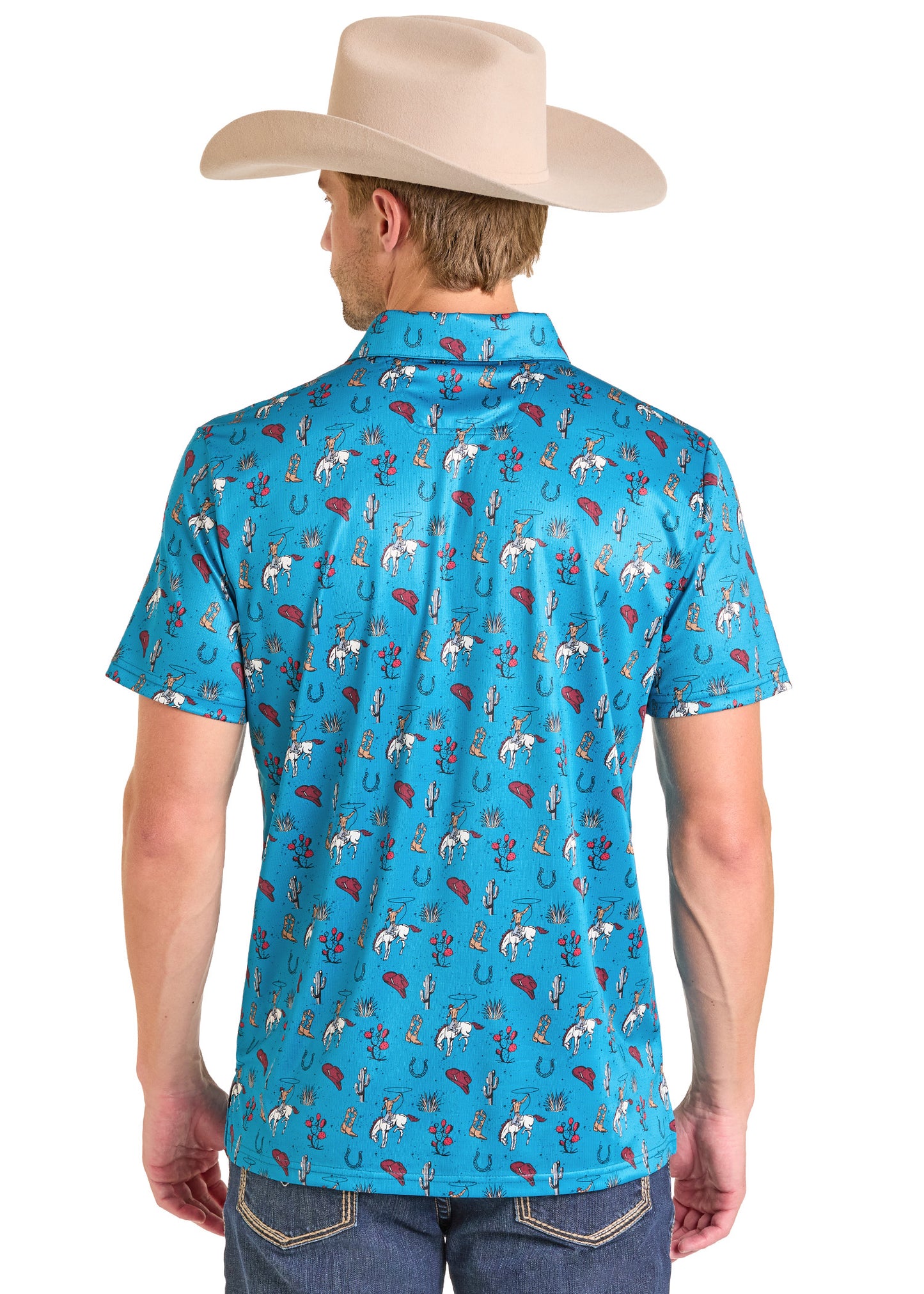 Man wearing cowboy hat and printed polo shirt. 