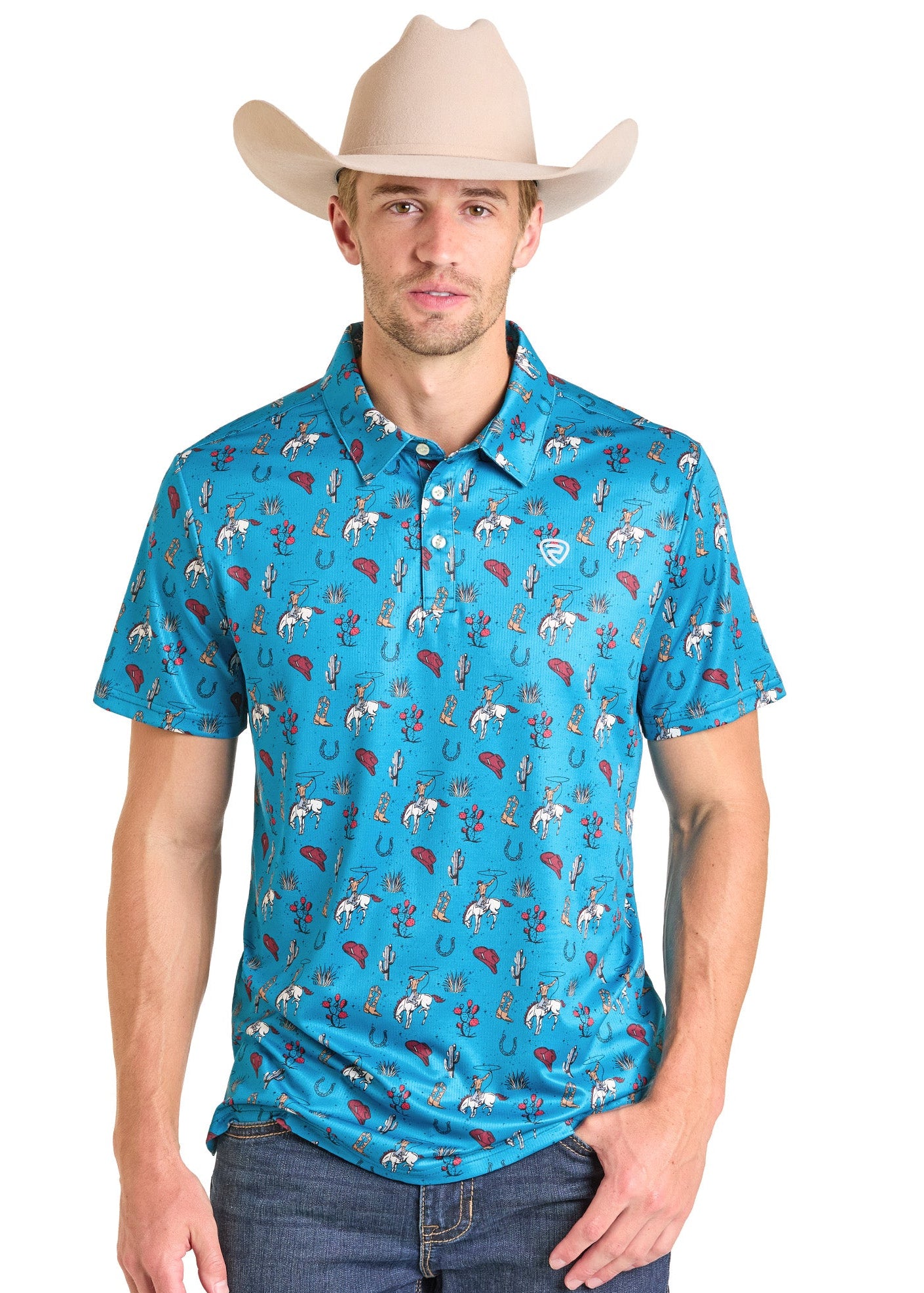 Man wearing cowboy hat and pattern polo shirt.
