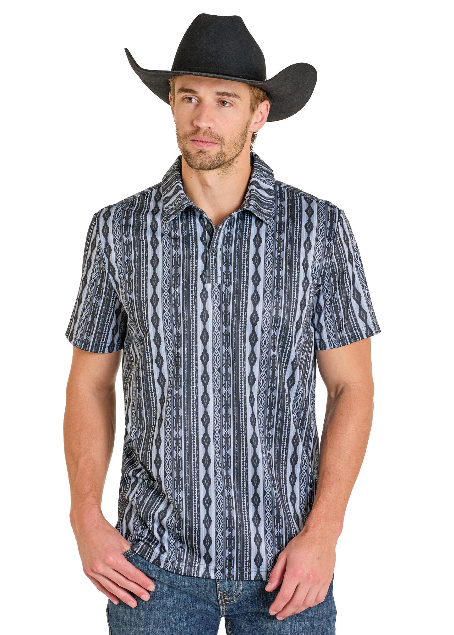 Man wearing a patterned short-sleeve shirt and black cowboy hat on a white background
