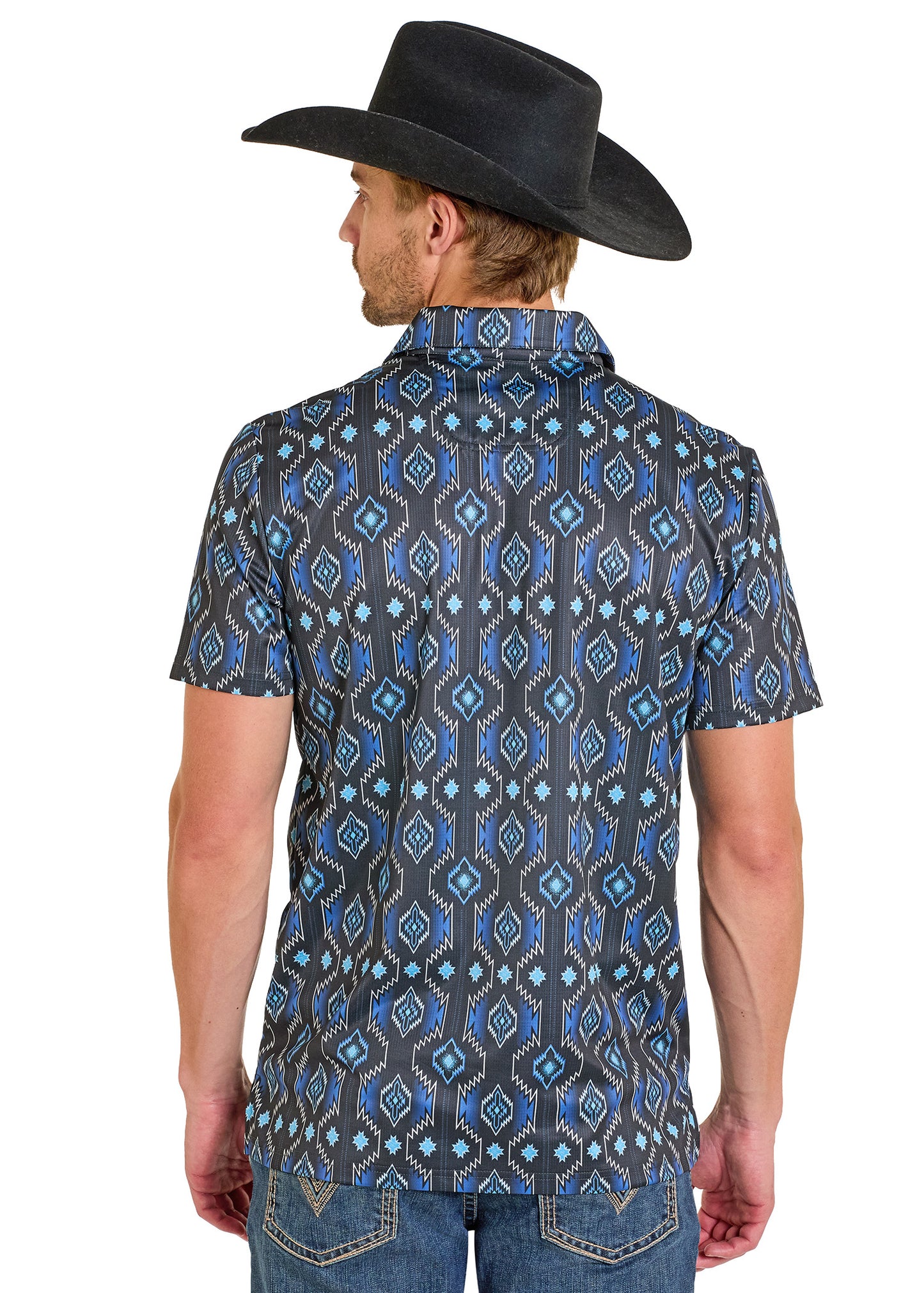 Man wearing a patterned shirt and cowboy hat on a white background