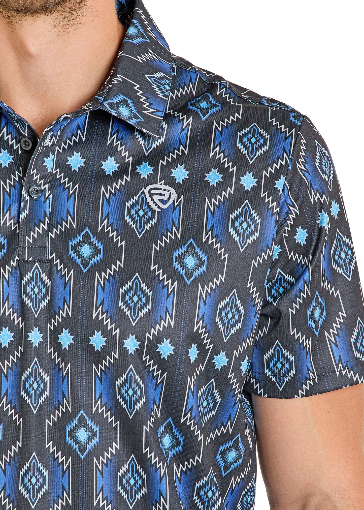 Close-up of a patterned shirt with blue geometric design on a white background